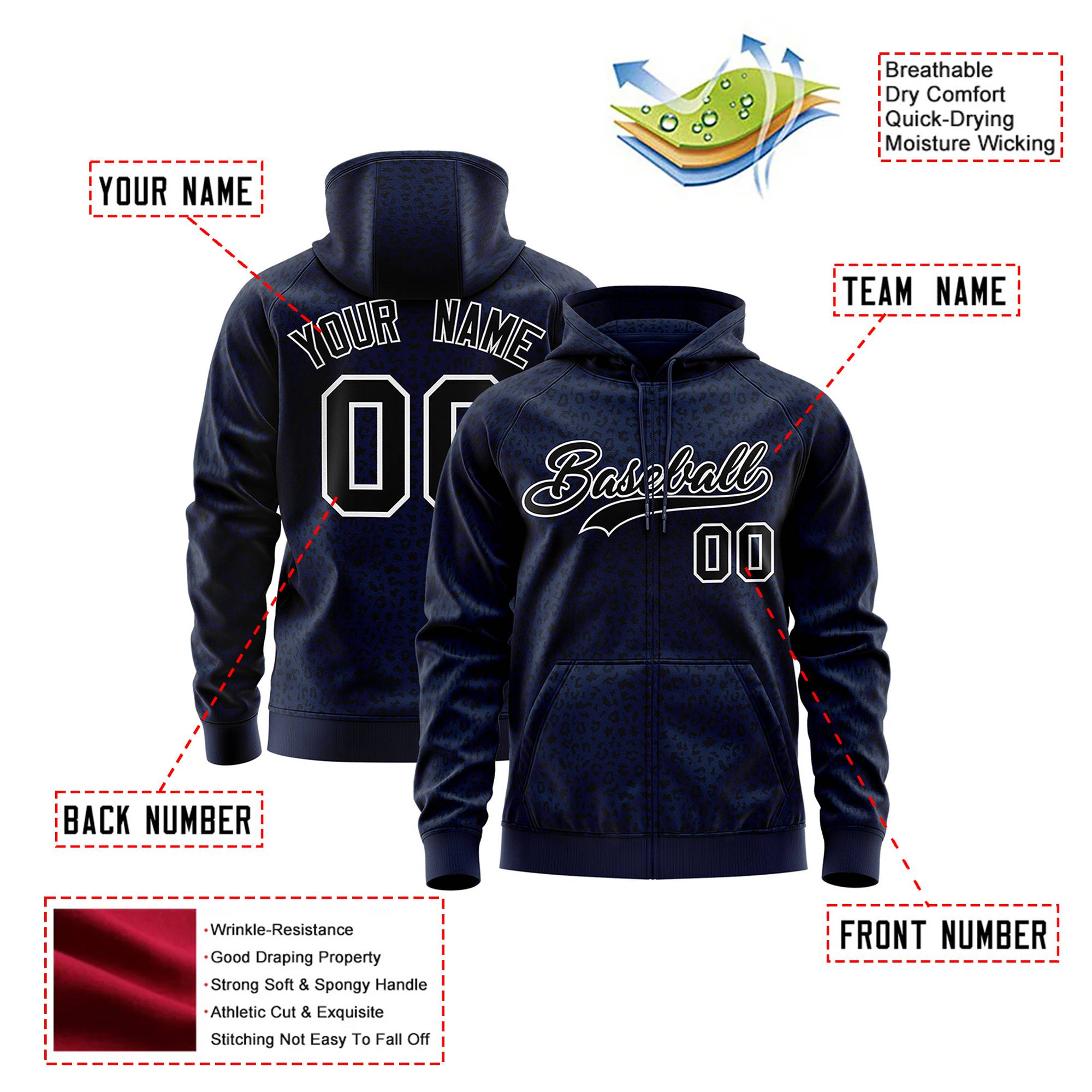 Custom Navy Black Varsity Full-Zip Letterman Leopard Print Hoodie Jacket