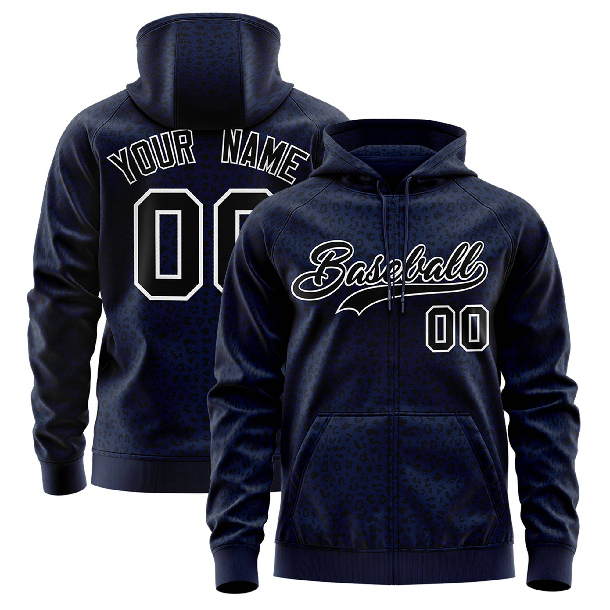 Custom Navy Black Varsity Full-Zip Letterman Leopard Print Hoodie Jacket