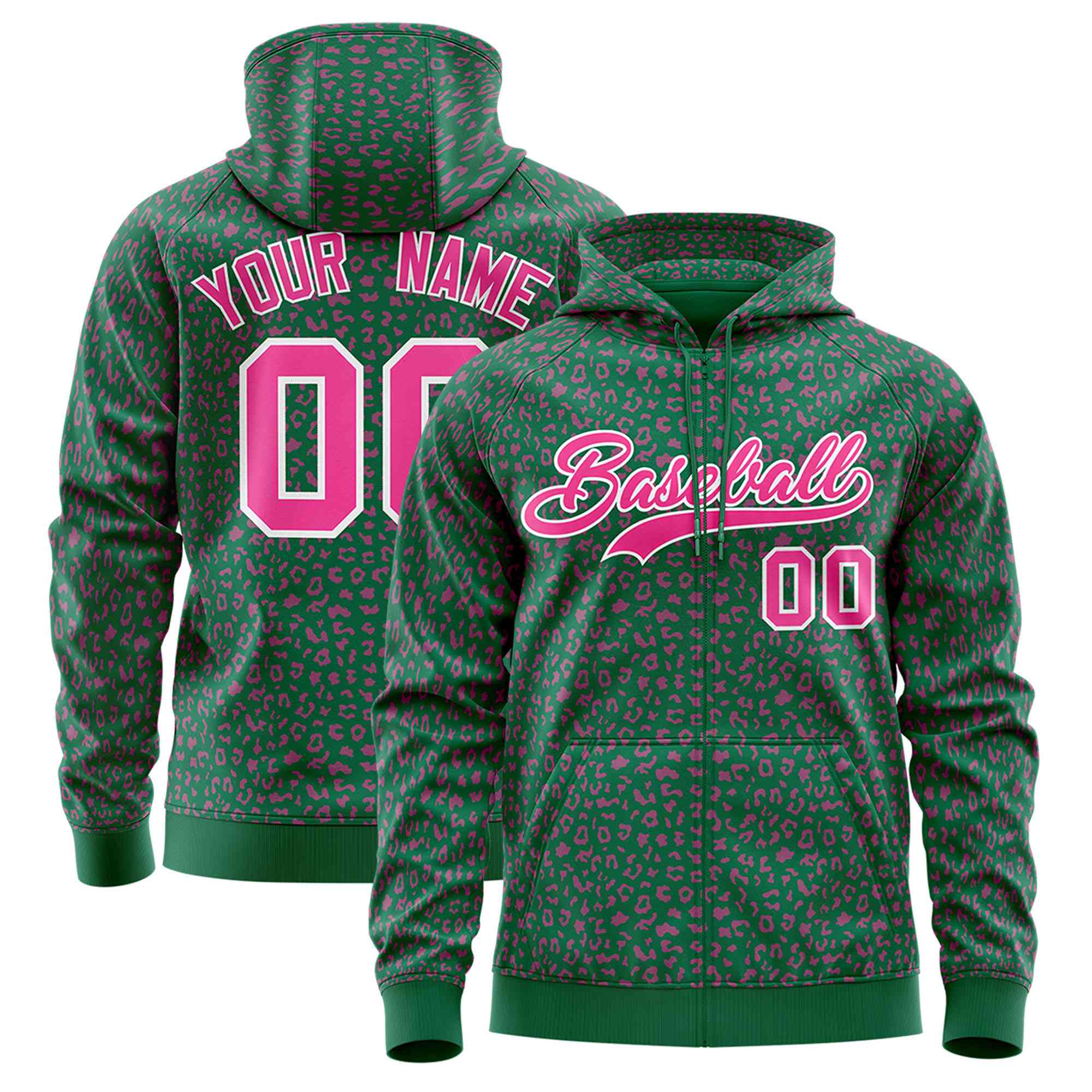 Custom Green Pink Varsity Full-Zip Letterman Leopard Print Hoodie Jacket