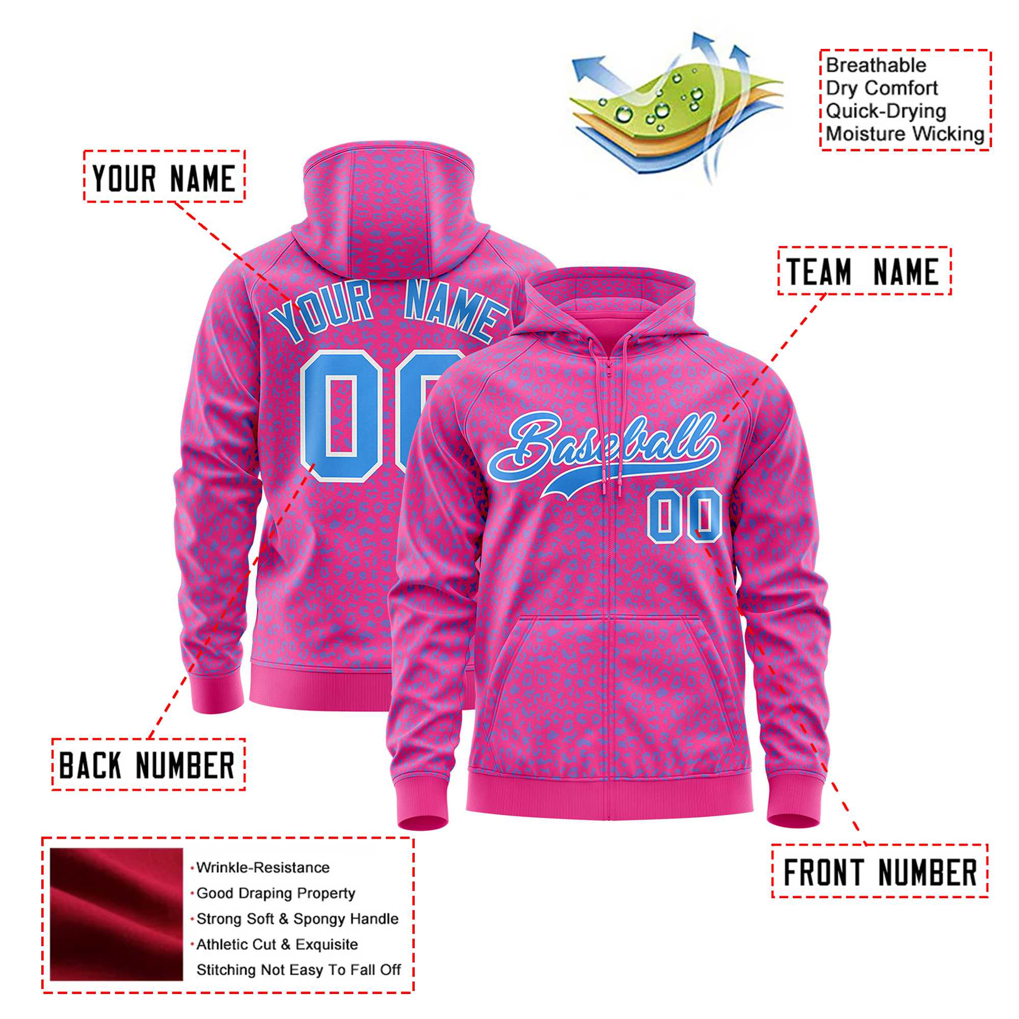 Custom Pink Powder Blue Varsity Full-Zip Letterman Leopard Print Hoodie Jacket