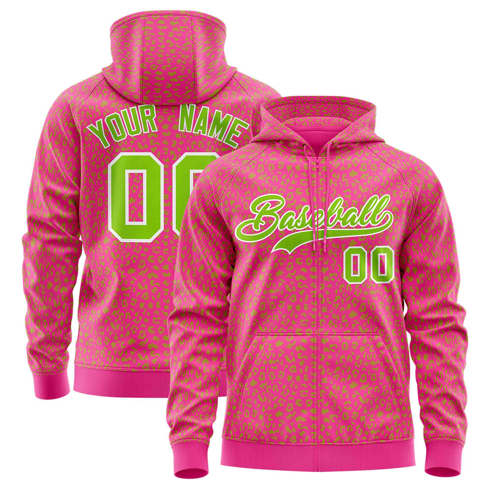 Custom Pink Neon Green Varsity Full-Zip Letterman Leopard Print Hoodie Jacket