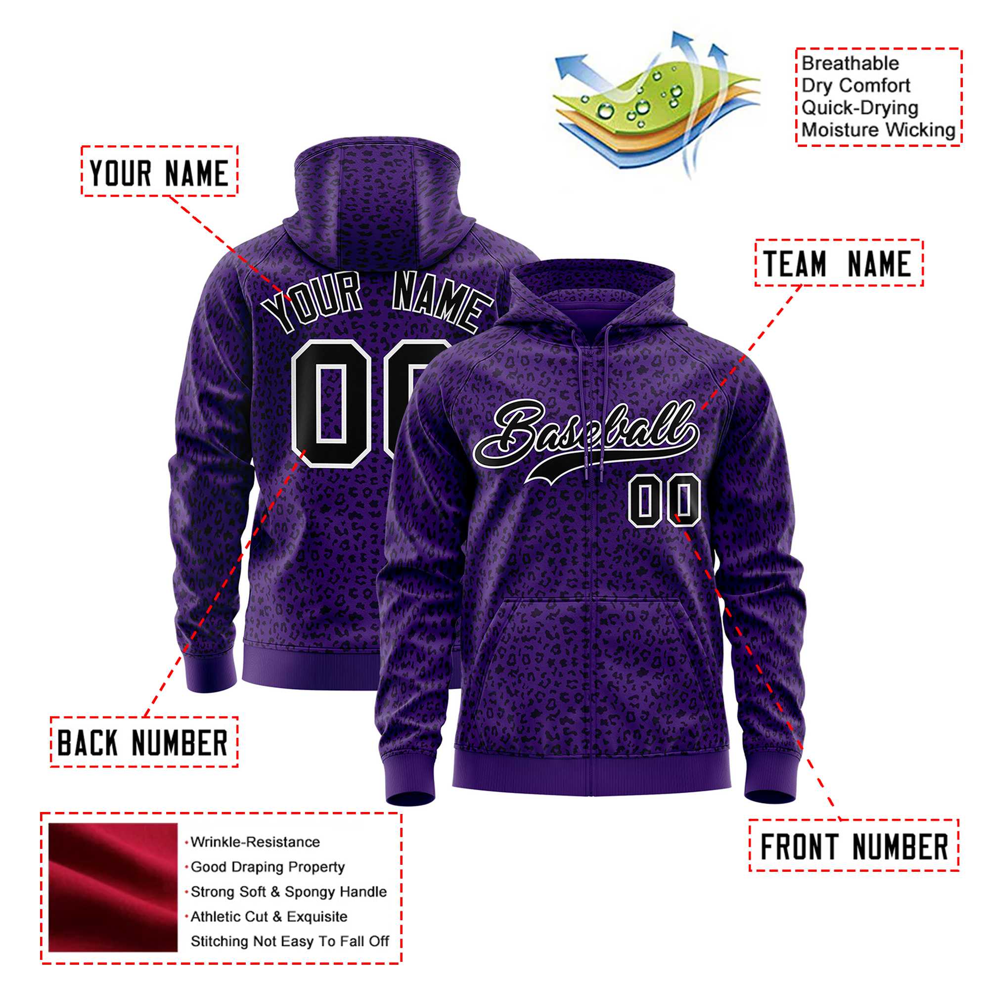 Custom Purple Black Varsity Full-Zip Letterman Leopard Print Hoodie Jacket