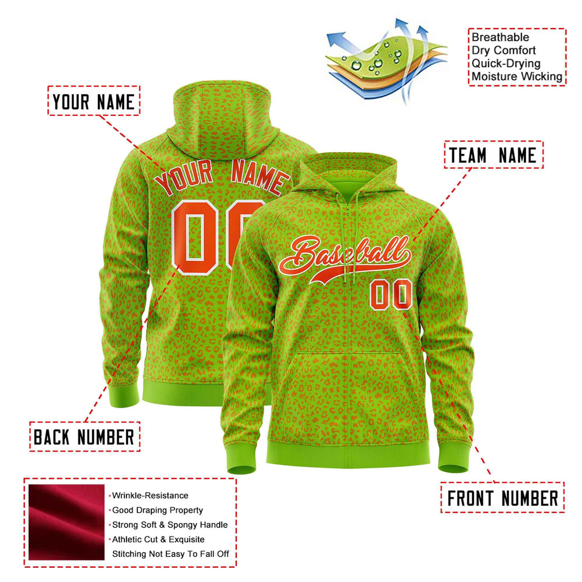 Custom Neon Green Orange Varsity Full-Zip Letterman Leopard Print Hoodie Jacket