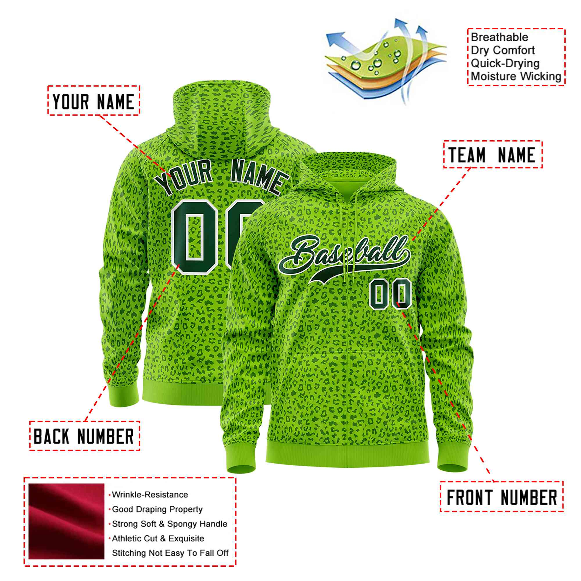 Custom Neon Green Green Varsity Full-Zip Letterman Leopard Print Hoodie Jacket