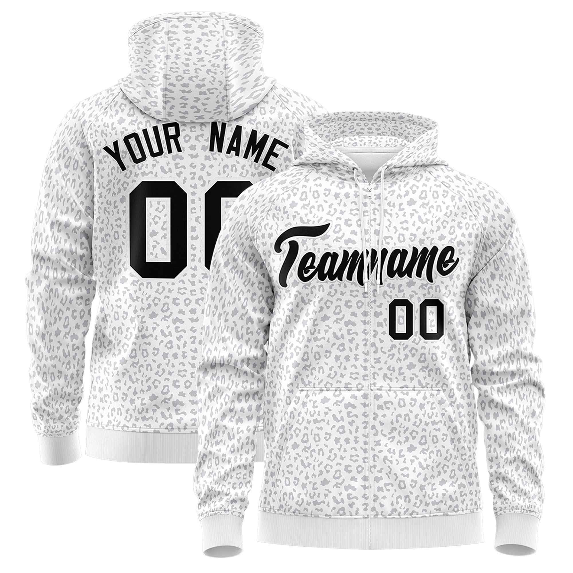 Custom White Gray Varsity Full-Zip Letterman Leopard Print Hoodie Jacket