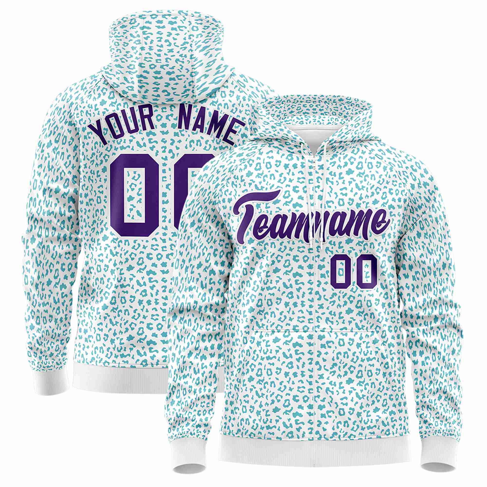 Custom White Aqua Varsity Full-Zip Letterman Leopard Print Hoodie Jacket