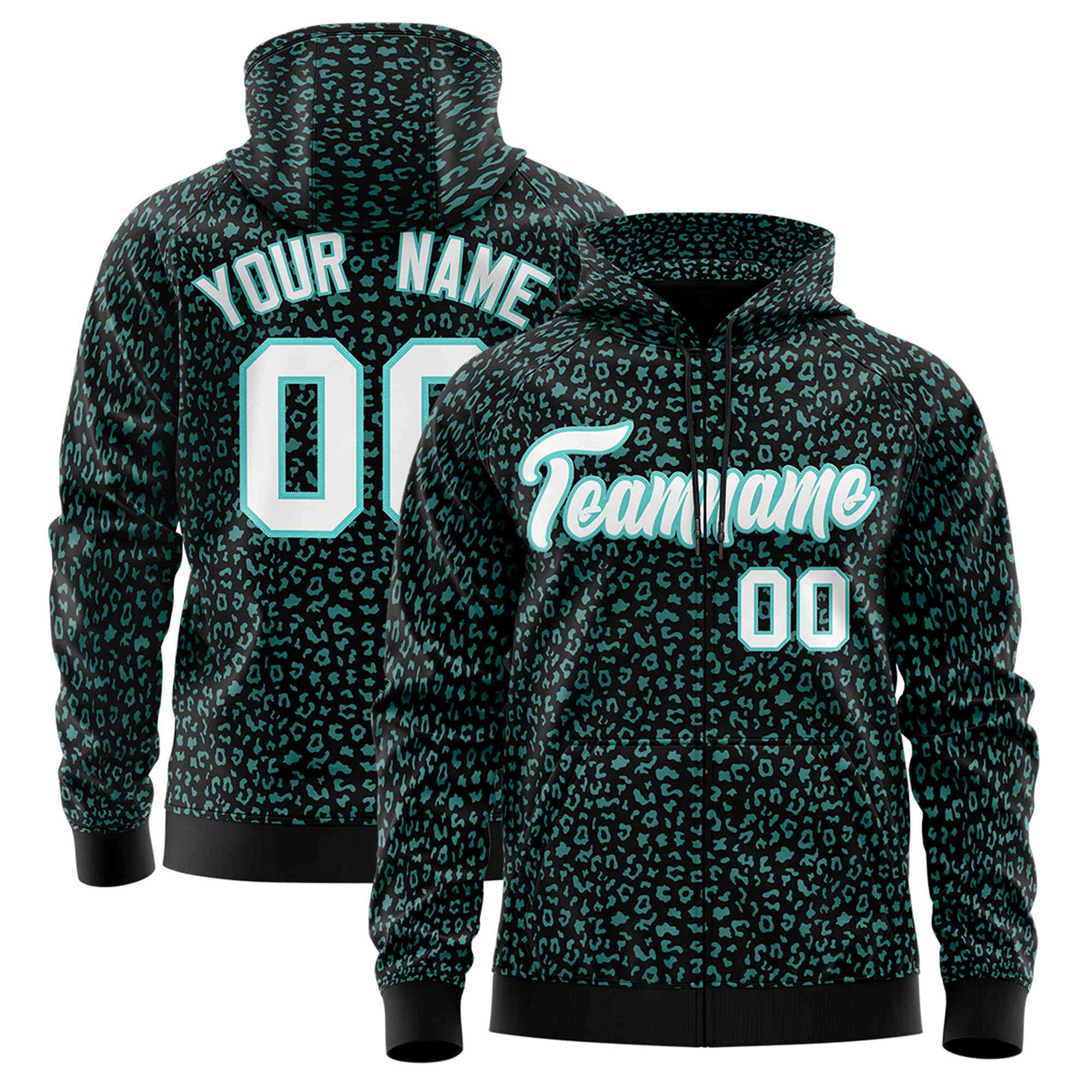 Custom Black Aqua Varsity Full-Zip Letterman Leopard Print Hoodie Jacket