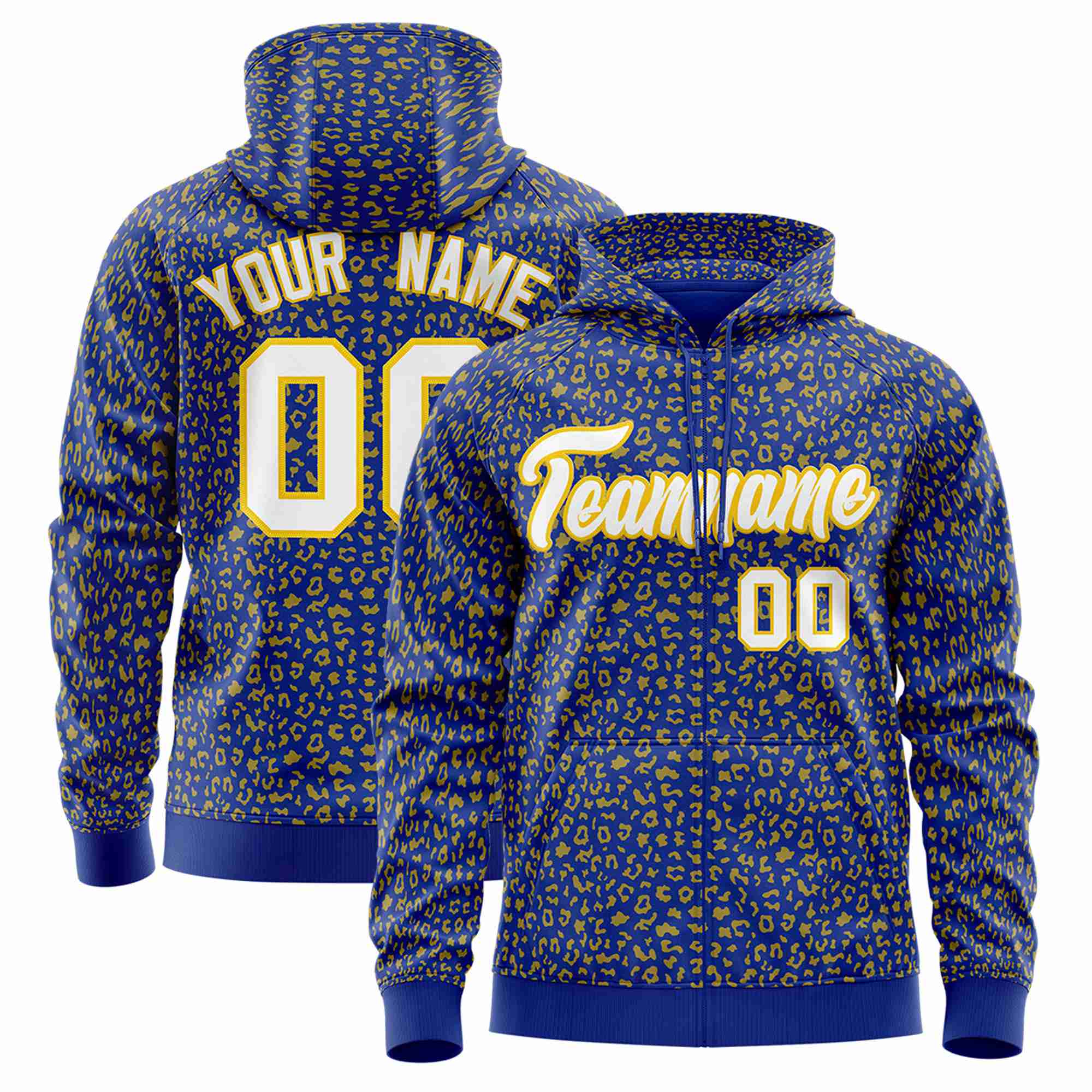 Custom Royal Blue Gold Varsity Full-Zip Letterman Leopard Print Hoodie Jacket