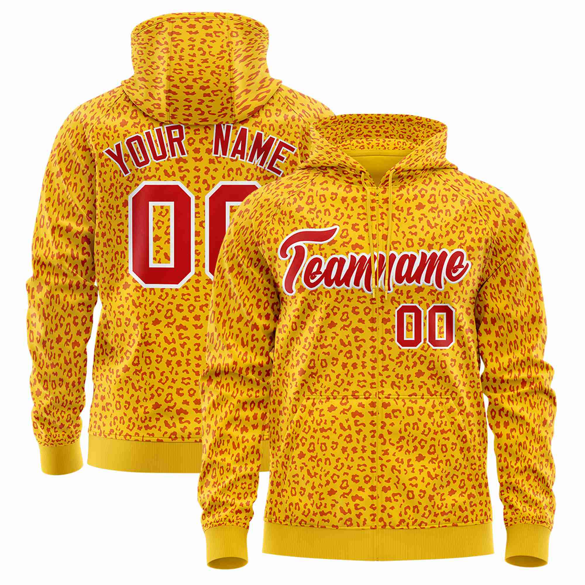 Custom Gold Red Varsity Full-Zip Letterman Leopard Print Hoodie Jacket