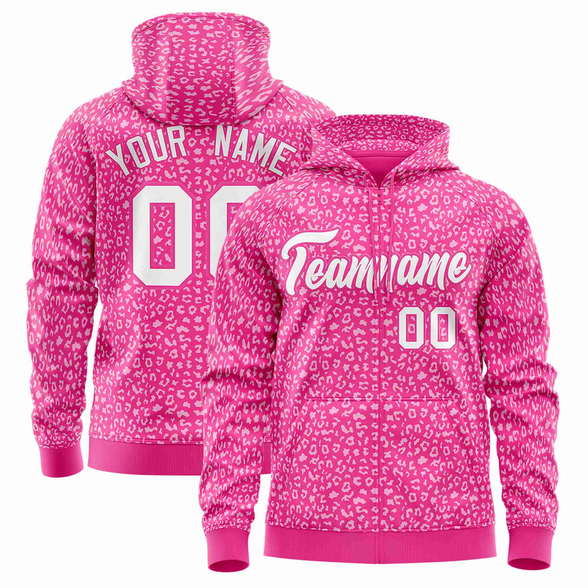 Custom Pink White Varsity Full-Zip Letterman Leopard Print Hoodie Jacket