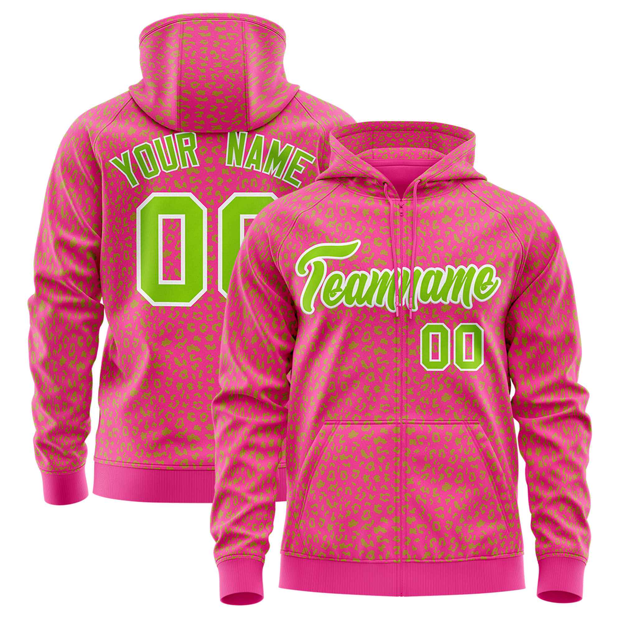 Custom Pink Neon Green Varsity Full-Zip Letterman Leopard Print Hoodie Jacket