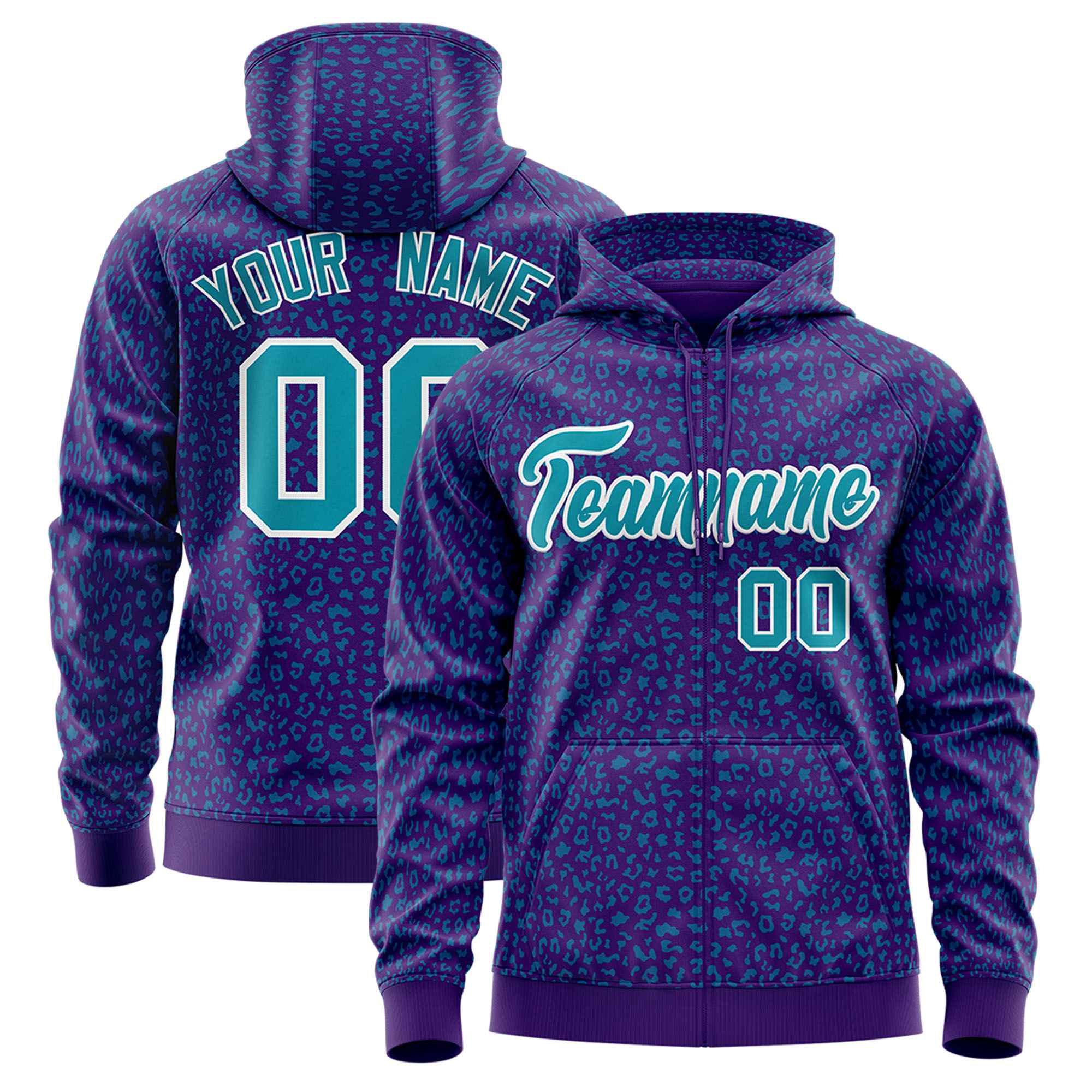 Custom Purple Aqua Varsity Full-Zip Letterman Leopard Print Hoodie Jacket