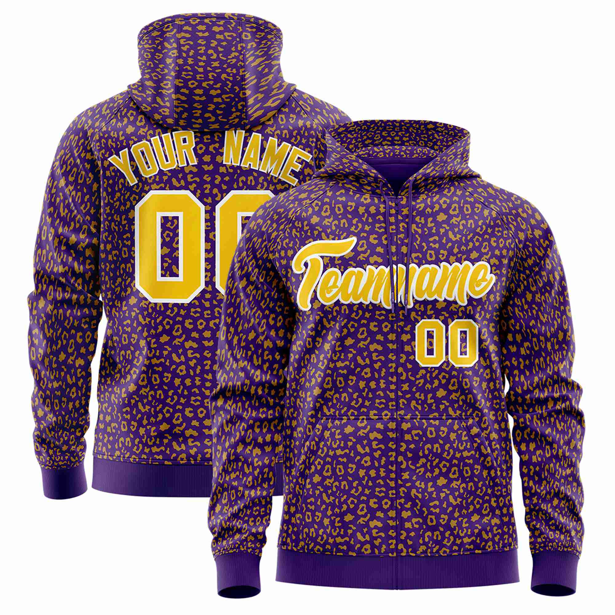 Custom Purple Gold Varsity Full-Zip Letterman Leopard Print Hoodie Jacket