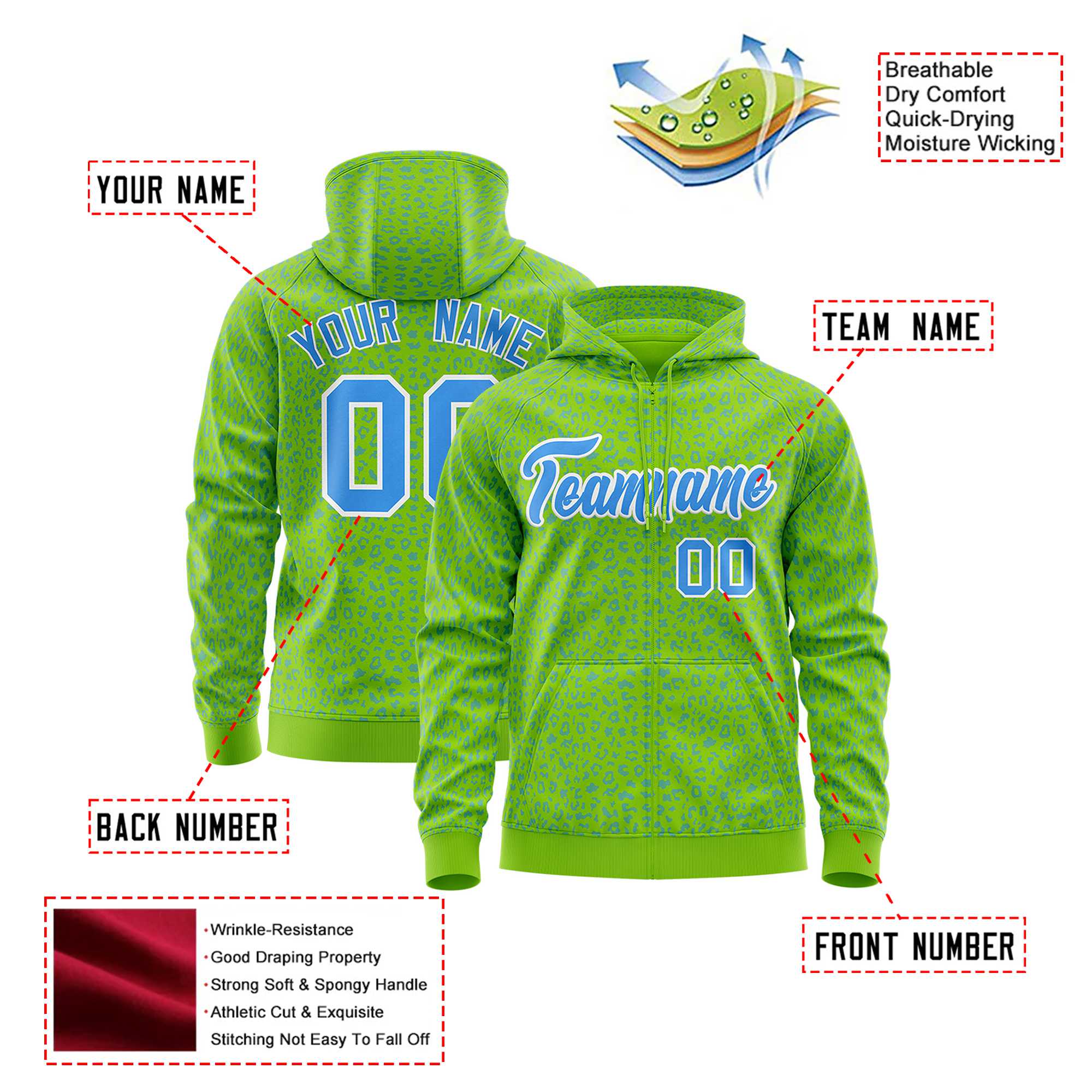 Custom Neon Green Powder Blue Varsity Full-Zip Letterman Leopard Print Hoodie Jacket