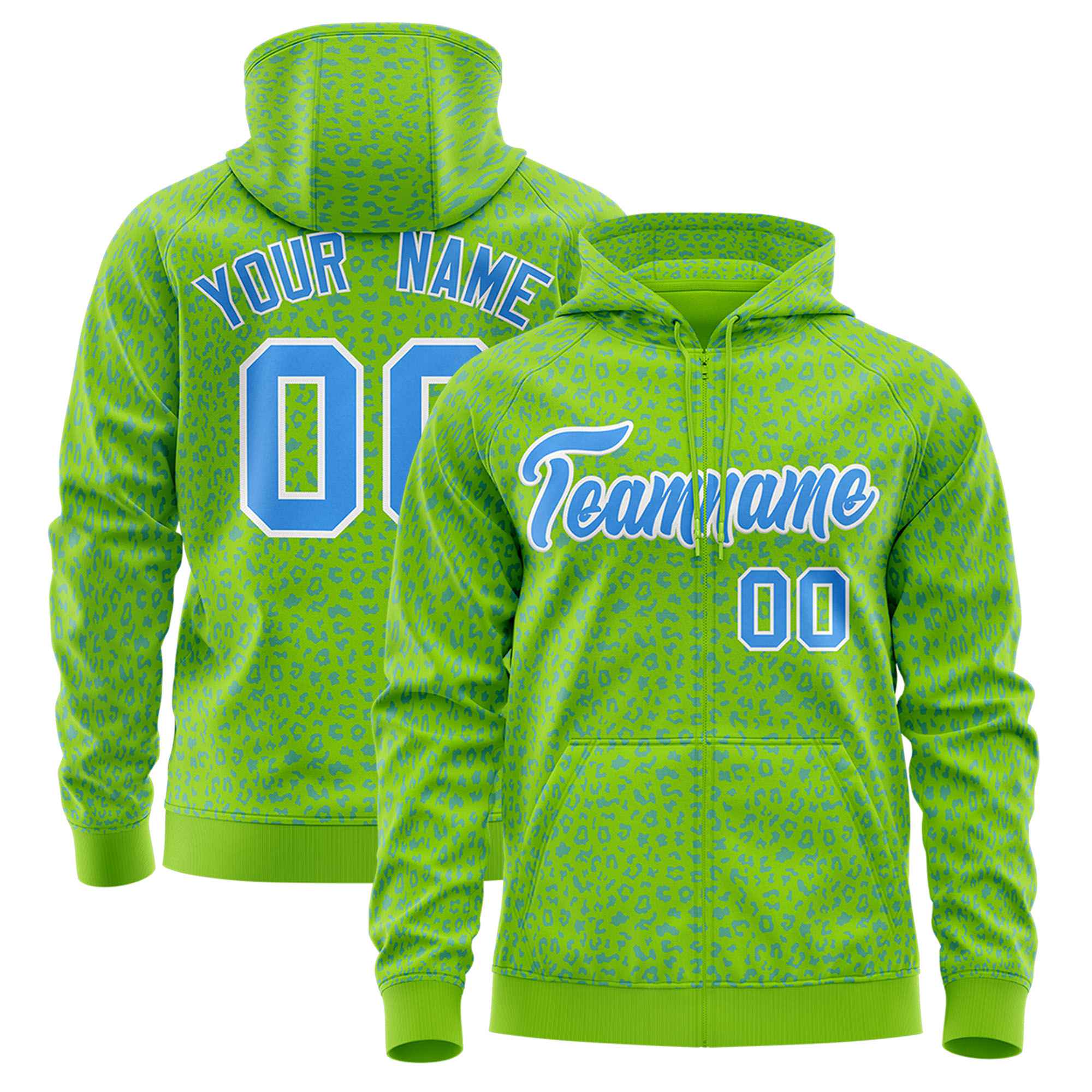 Custom Neon Green Powder Blue Varsity Full-Zip Letterman Leopard Print Hoodie Jacket