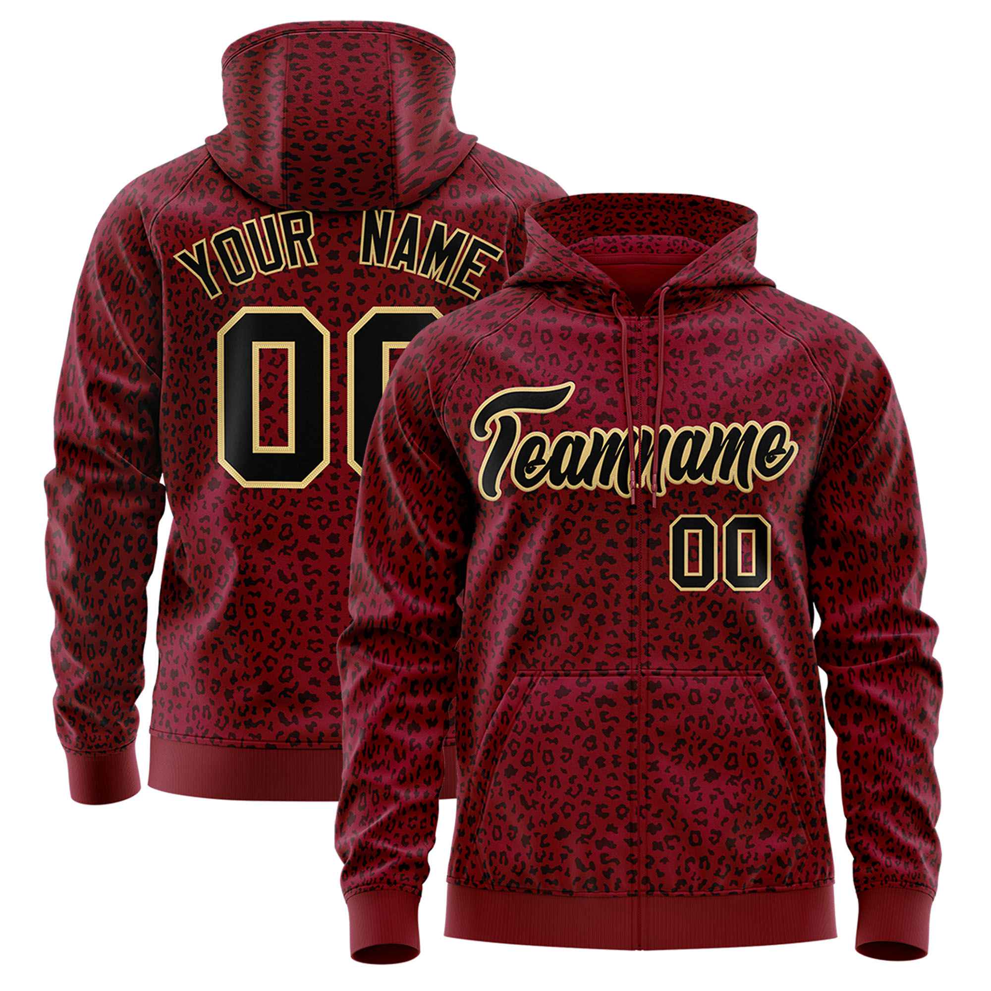 Custom Crimson Black Varsity Full-Zip Letterman Leopard Print Hoodie Jacket