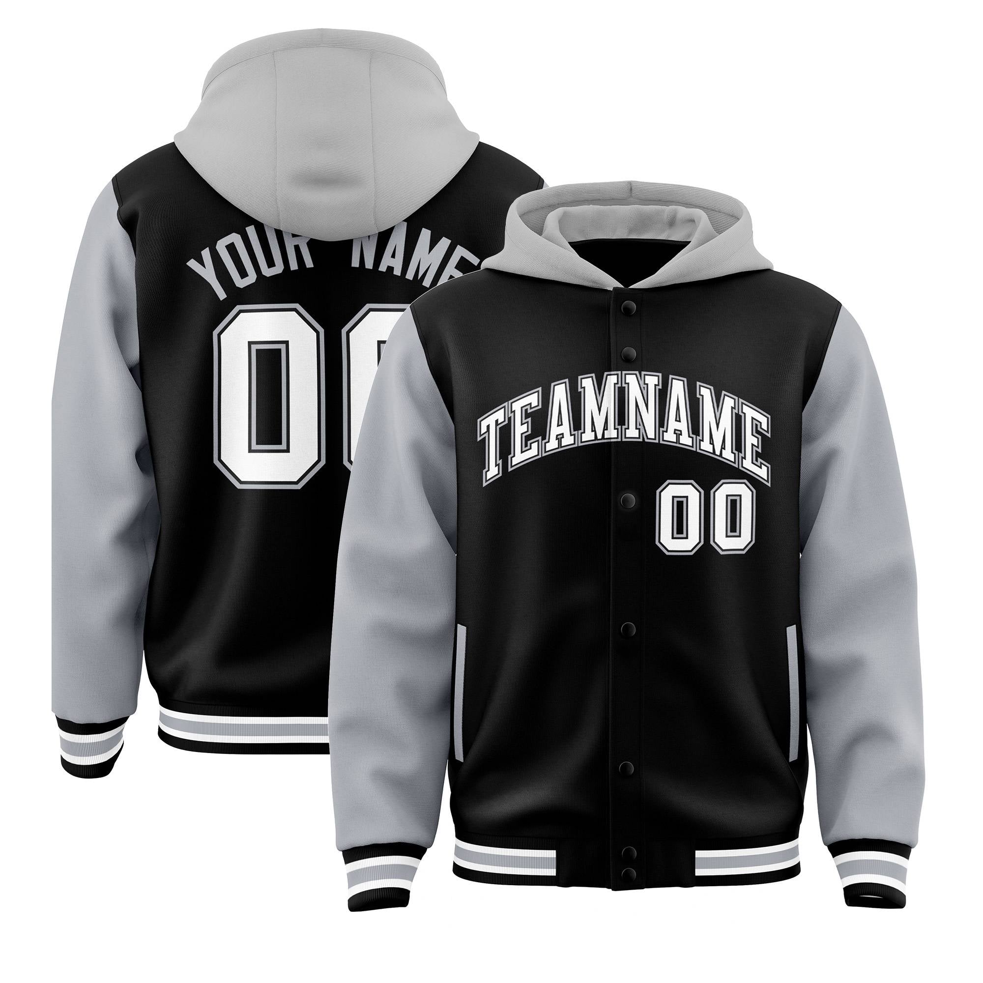 Custom Black Gray Raglan Sleeves Varsity Full-Snap Letterman Two Tone Hoodie Jacket