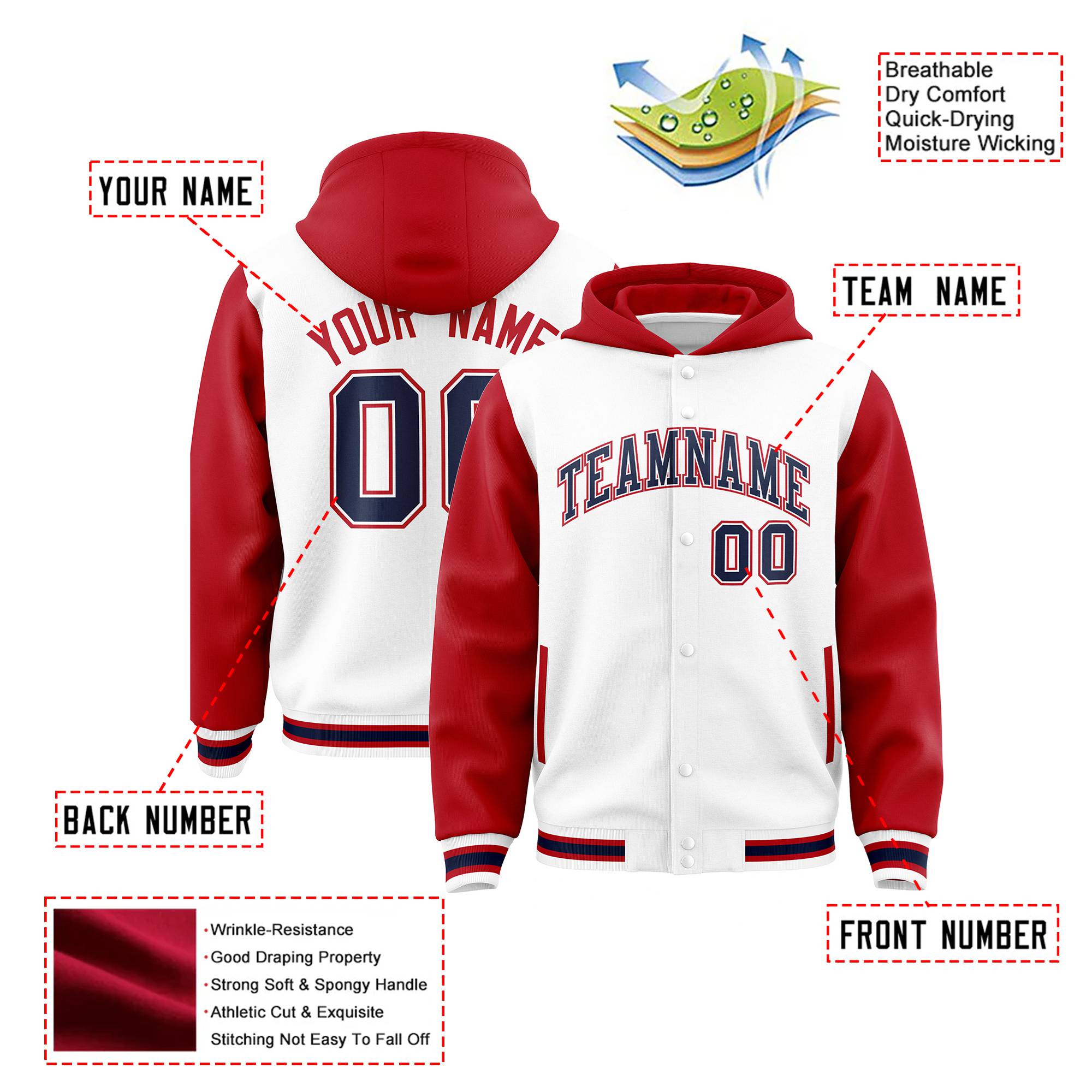 Custom White Red Raglan Sleeves Varsity Full-Snap Letterman Two Tone Hoodie Jacket