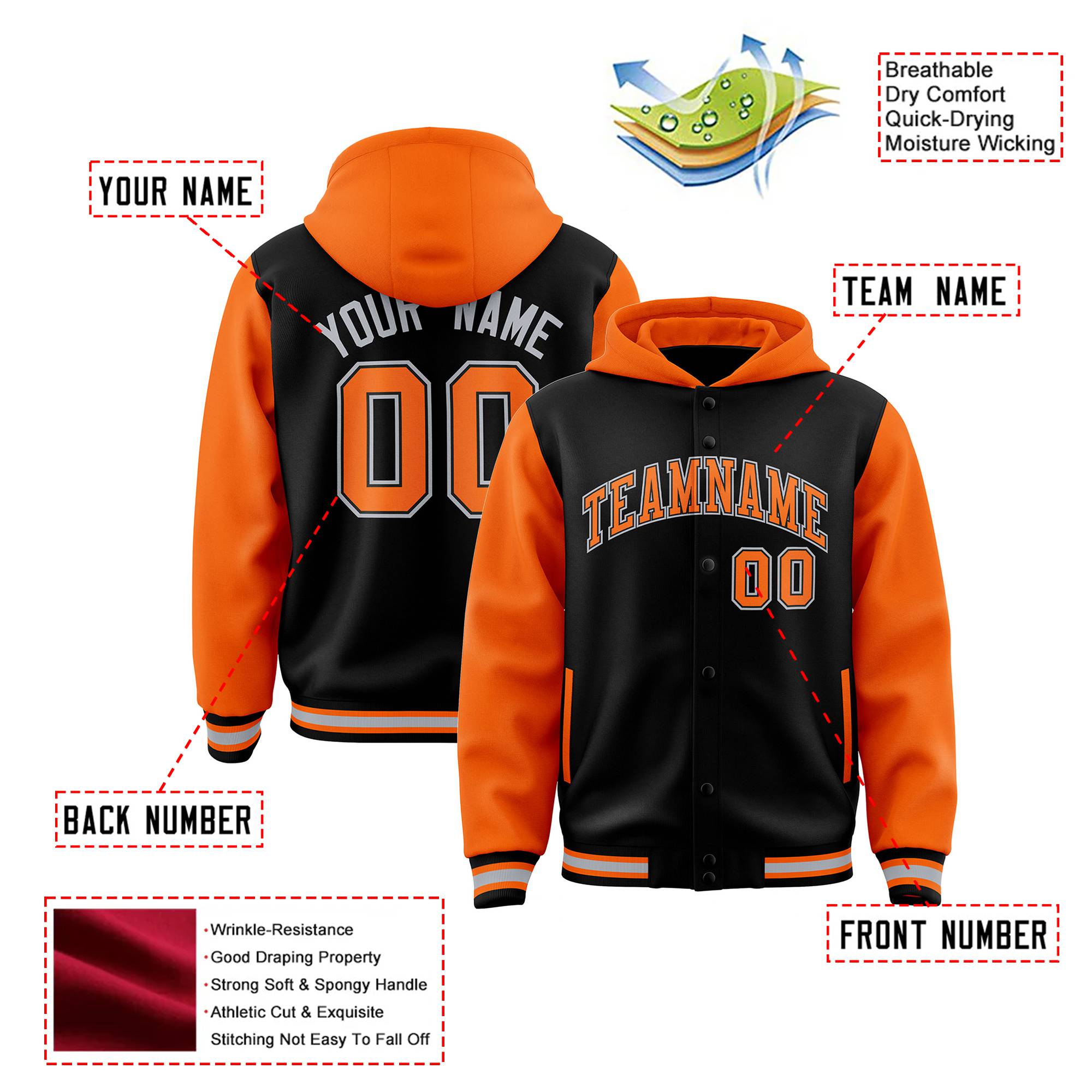 Custom Black Orange Raglan Sleeves Varsity Full-Snap Letterman Two Tone Hoodie Jacket