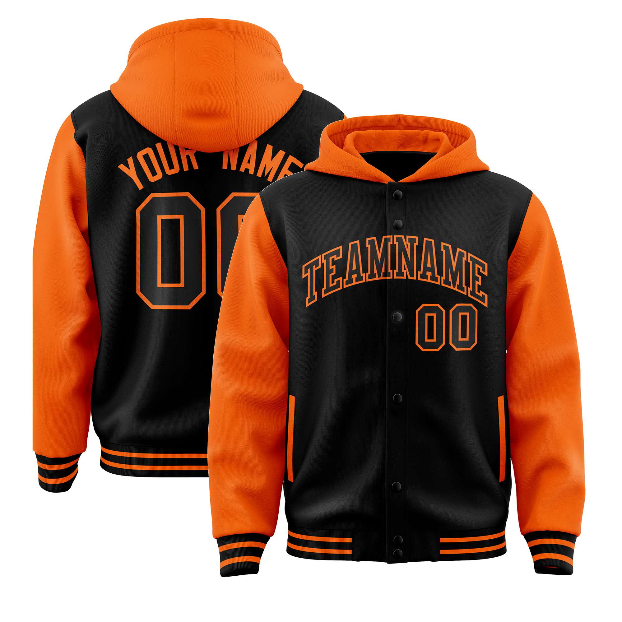 Custom Black Orange Raglan Sleeves Varsity Full-Snap Letterman Two Tone Hoodie Jacket