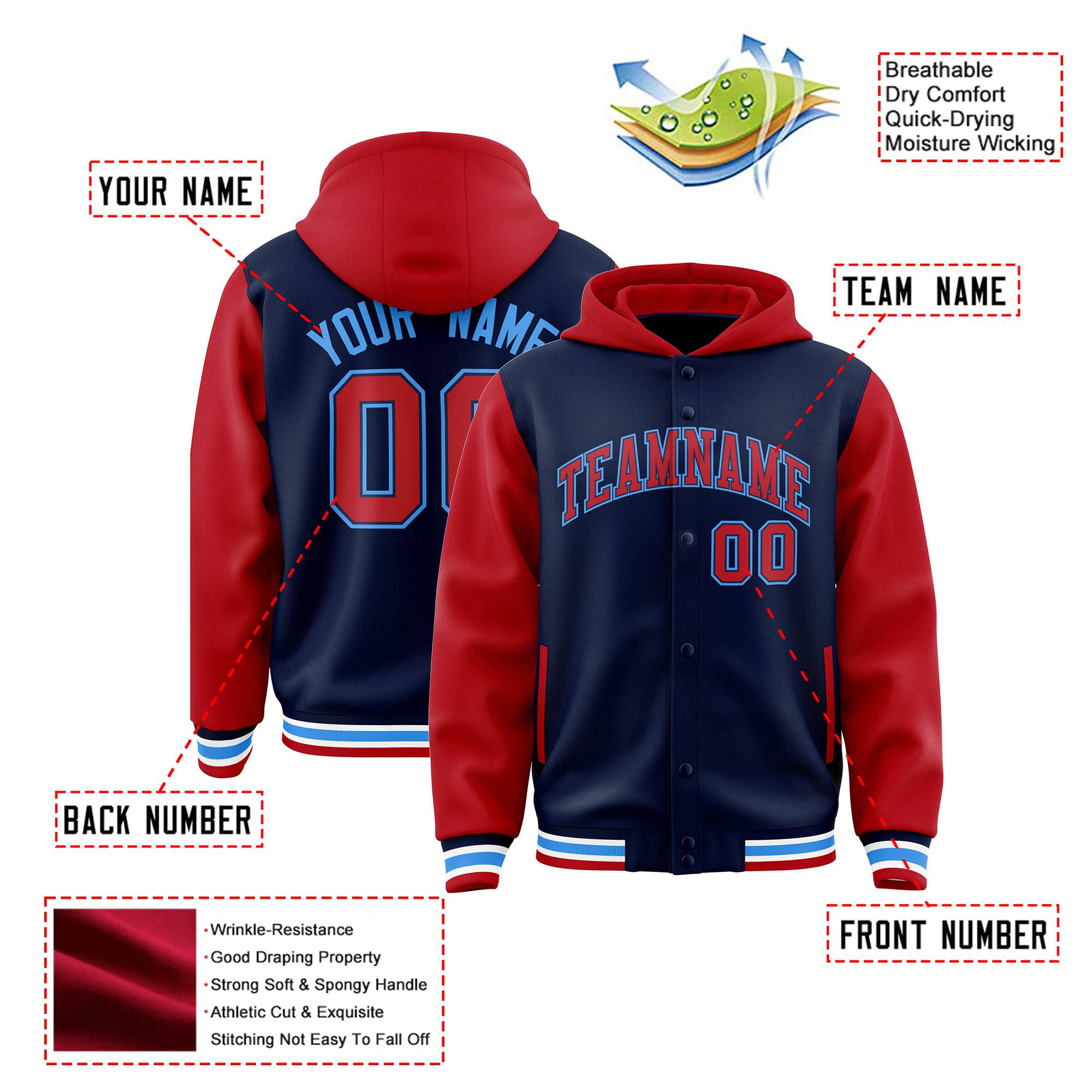 Custom Navy Red Raglan Sleeves Varsity Full-Snap Letterman Two Tone Hoodie Jacket