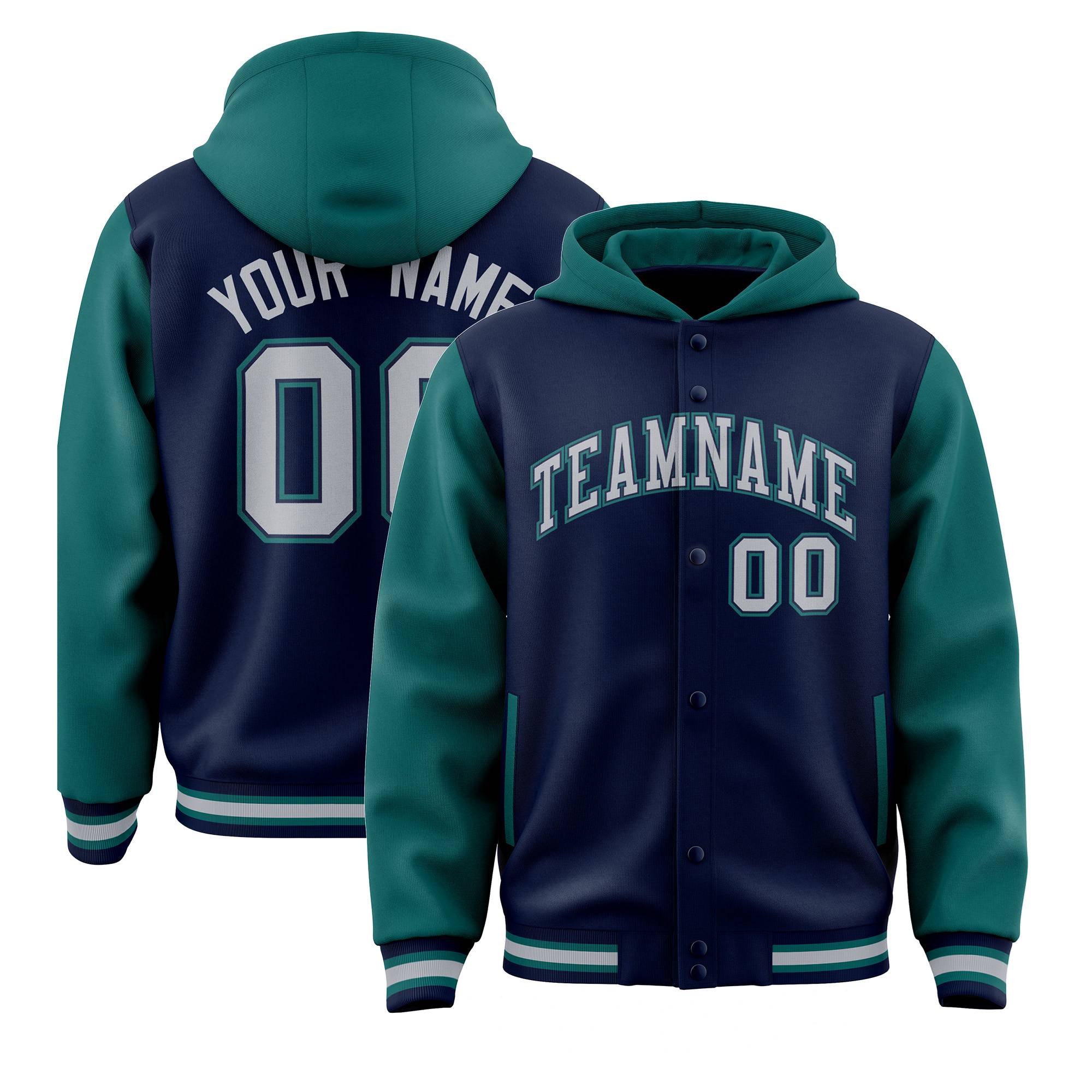 Custom Navy Aqua Raglan Sleeves Varsity Full-Snap Letterman Two Tone Hoodie Jacket