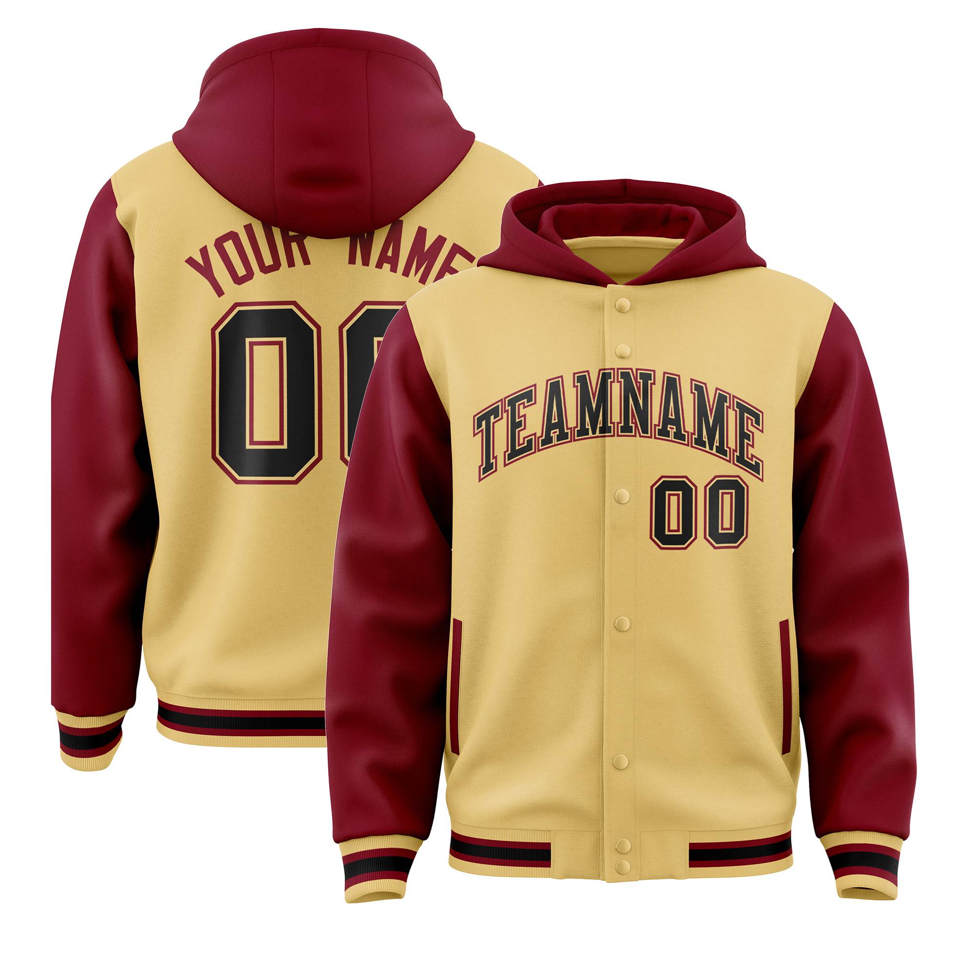 Custom Khaki Crimson Raglan Sleeves Varsity Full-Snap Letterman Two Tone Hoodie Jacket