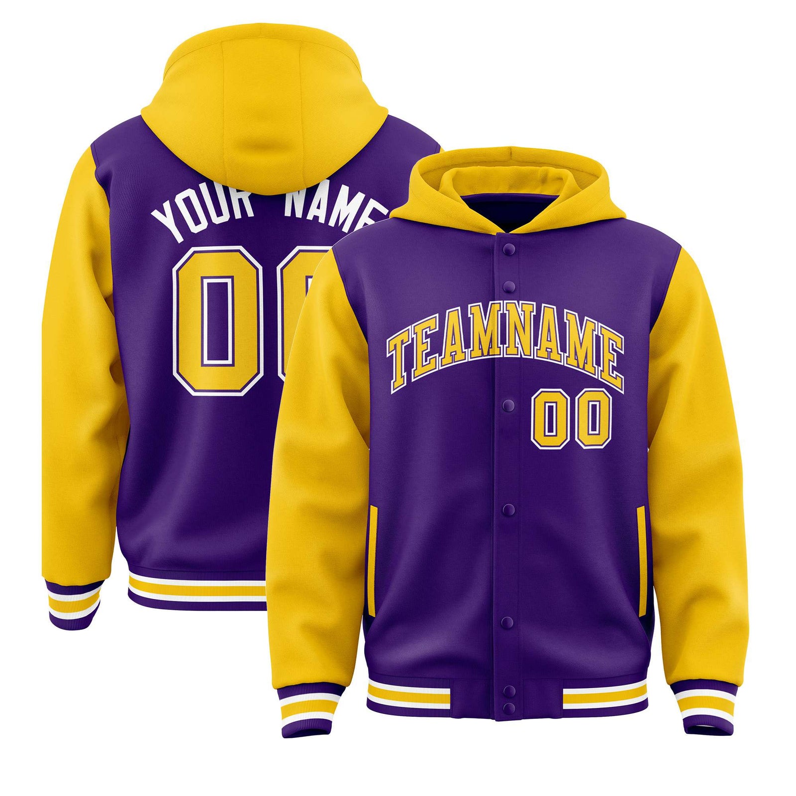 Custom Purple Gold Raglan Sleeves Varsity Full-Snap Letterman Two Tone Hoodie Jacket