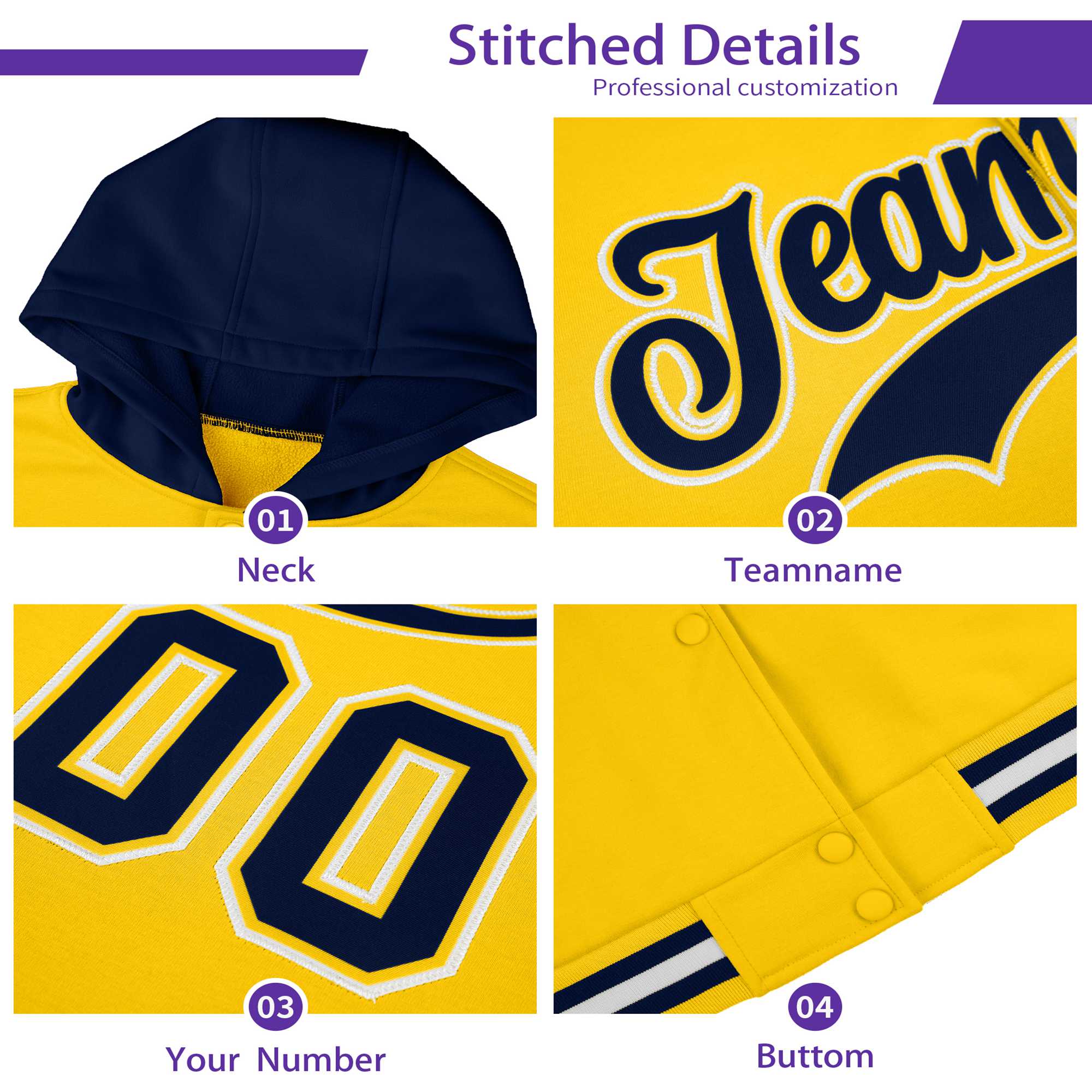 Custom Purple Gold Raglan Sleeves Varsity Full-Snap Letterman Two Tone Hoodie Jacket