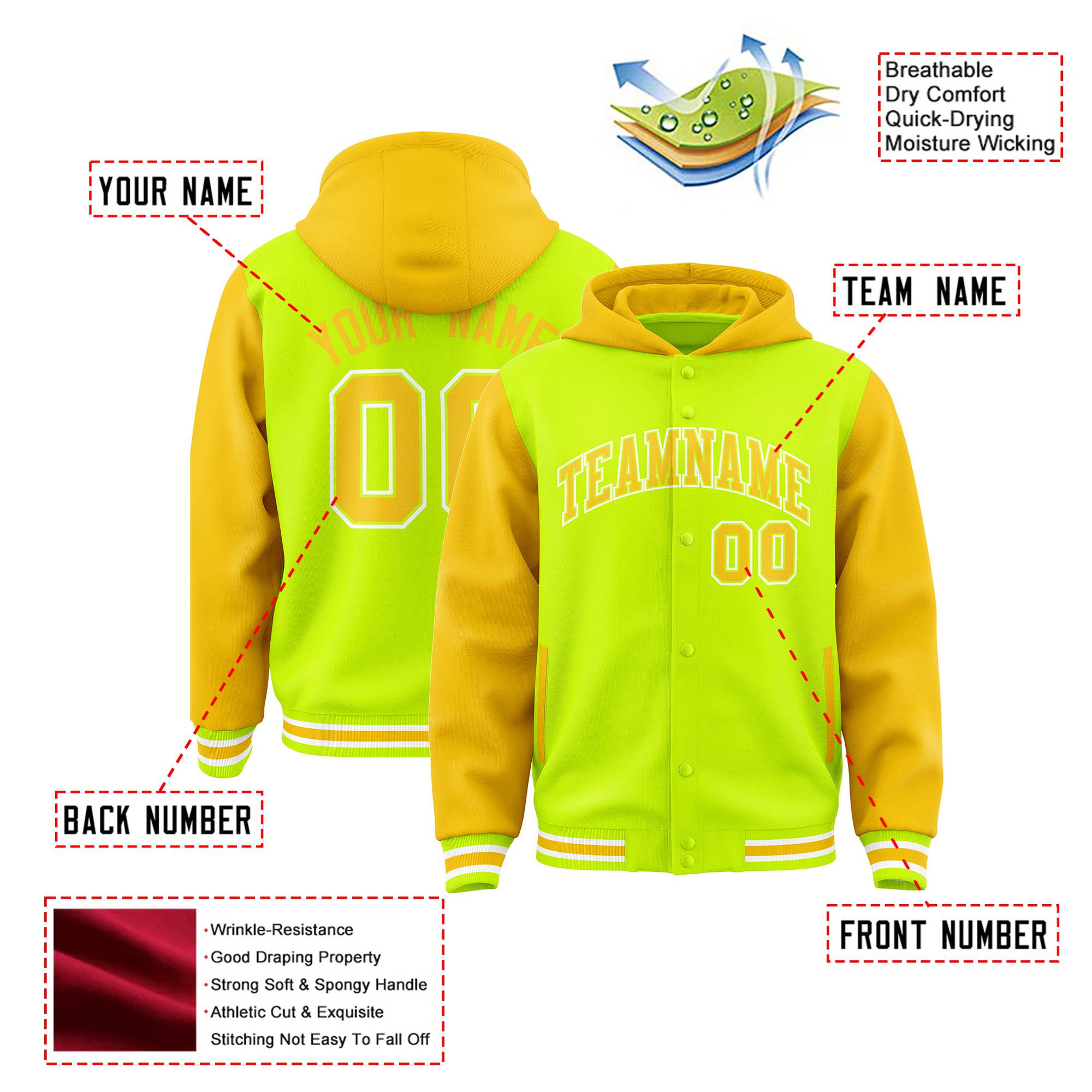 Custom Fluorescent Green Gold Raglan Sleeves Varsity Full-Snap Letterman Two Tone Hoodie Jacket