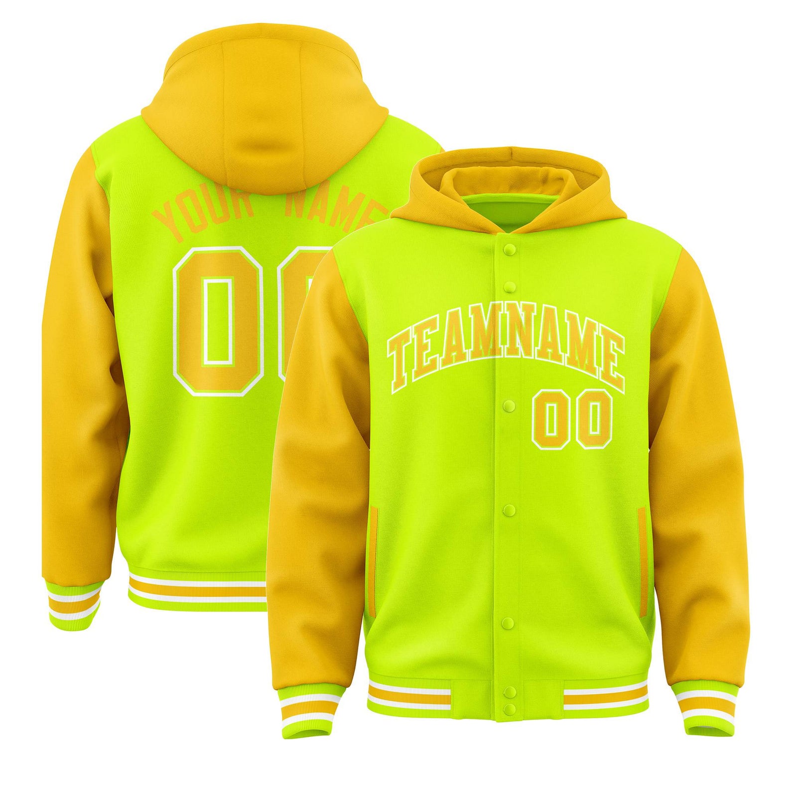 Custom Fluorescent Green Gold Raglan Sleeves Varsity Full-Snap Letterman Two Tone Hoodie Jacket