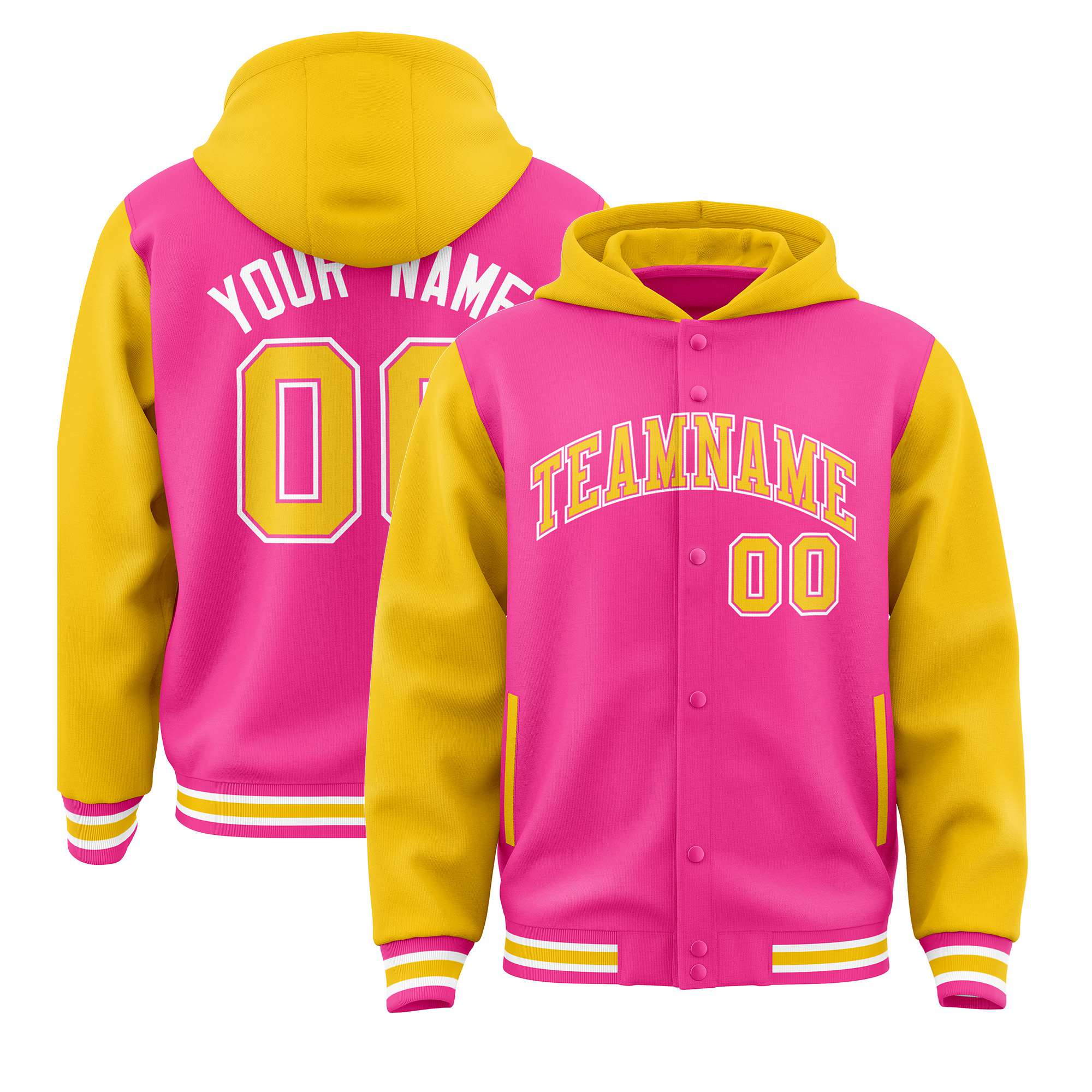 Custom Pink Gold Raglan Sleeves Varsity Full-Snap Letterman Two Tone Hoodie Jacket