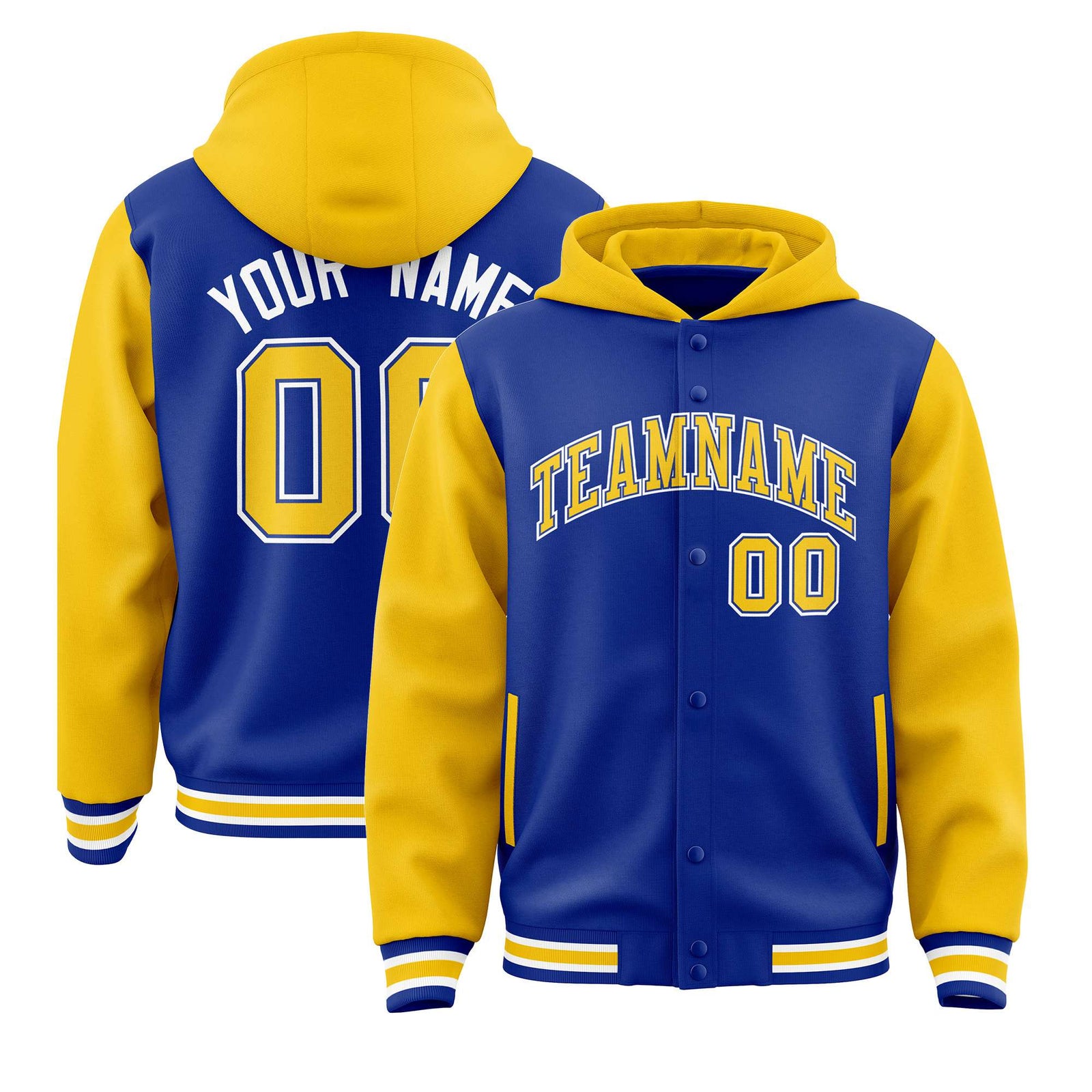 Custom Royal Blue Gold Raglan Sleeves Varsity Full-Snap Letterman Two Tone Hoodie Jacket