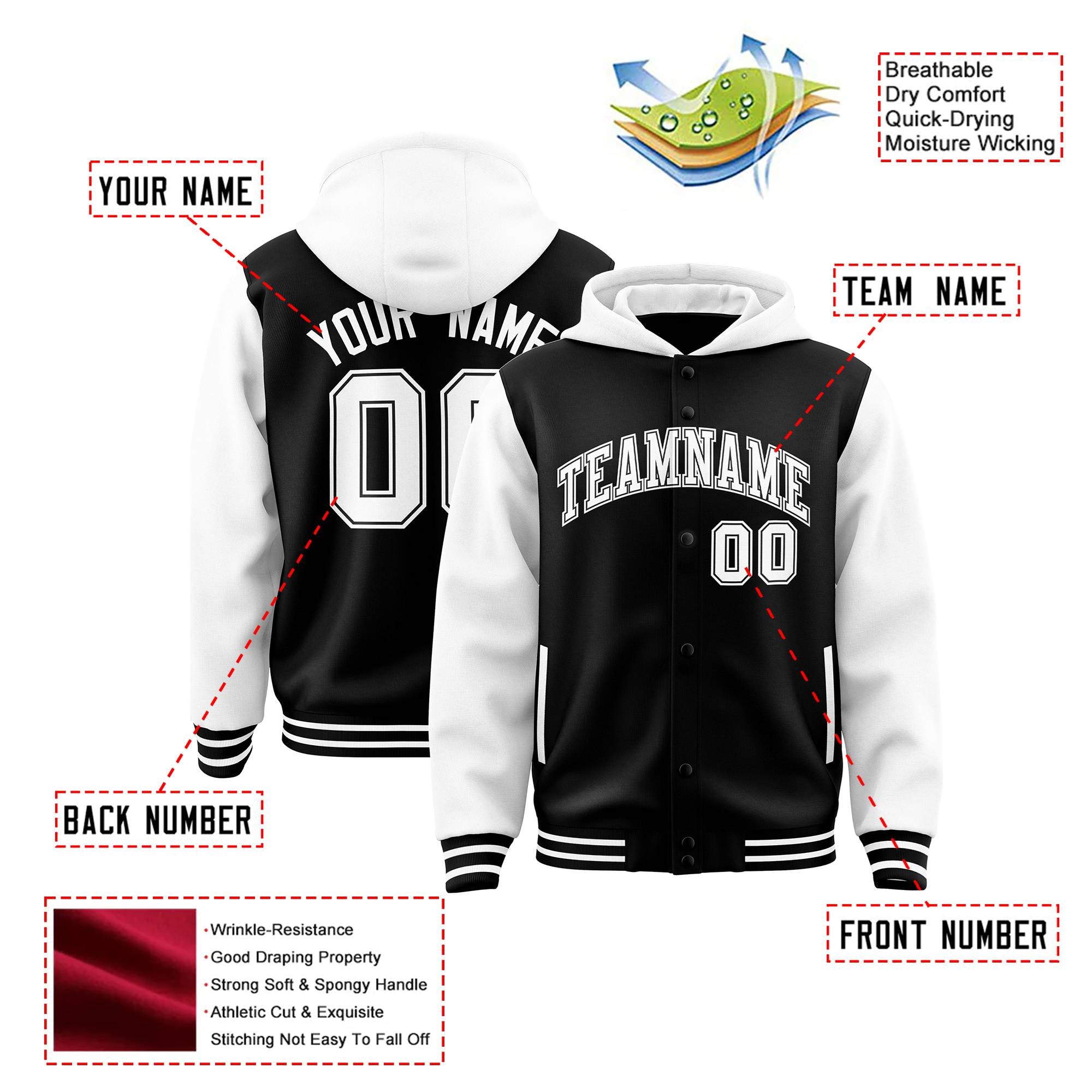 Custom Black White Raglan Sleeves Varsity Full-Snap Letterman Two Tone Hoodie Jacket