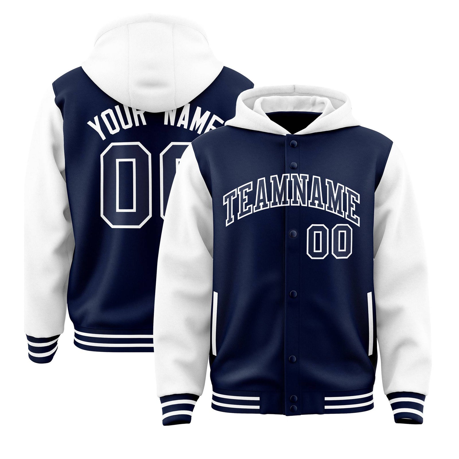 Custom Navy White Raglan Sleeves Varsity Full-Snap Letterman Two Tone Hoodie Jacket