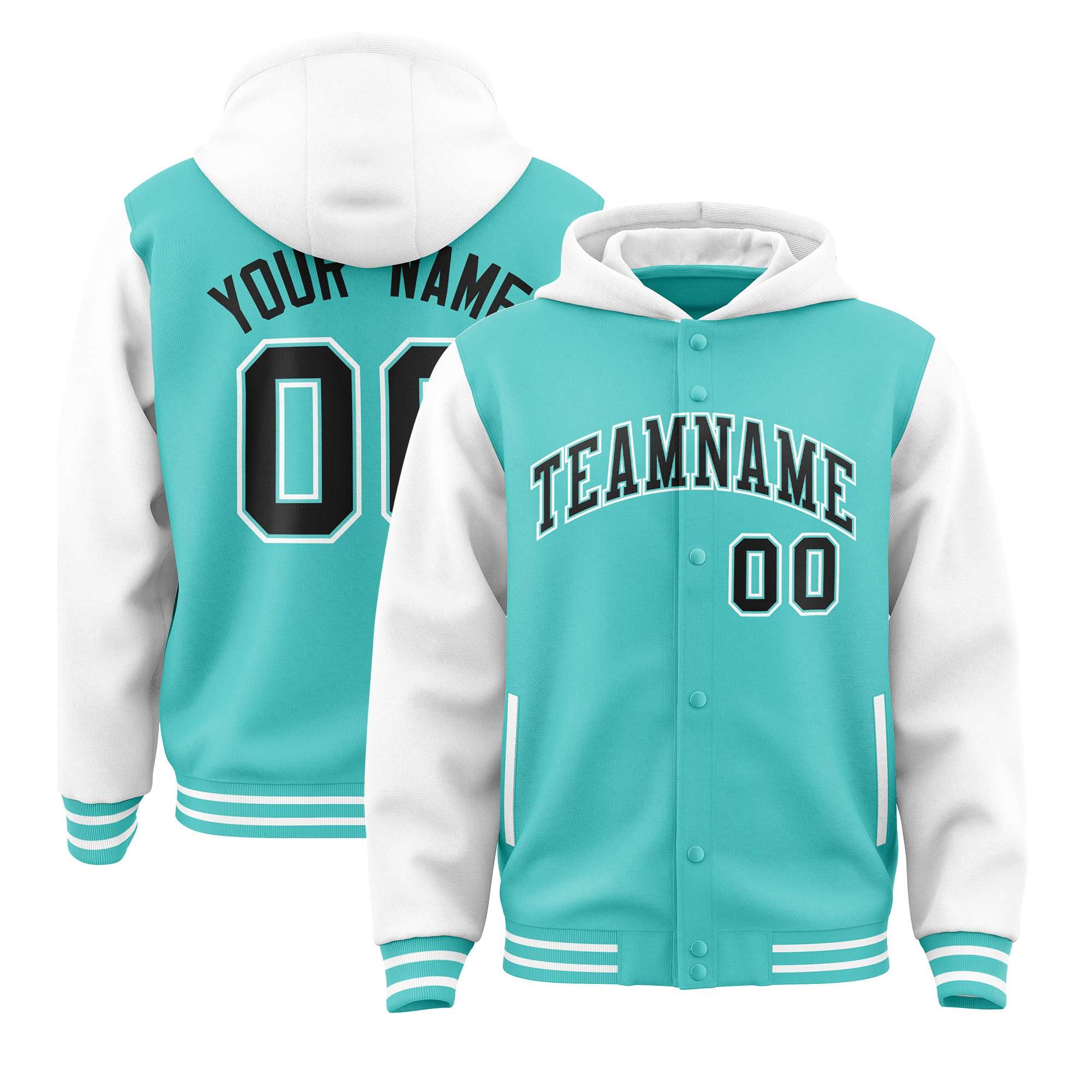 Custom Aqua White Raglan Sleeves Varsity Full-Snap Letterman Two Tone Hoodie Jacket