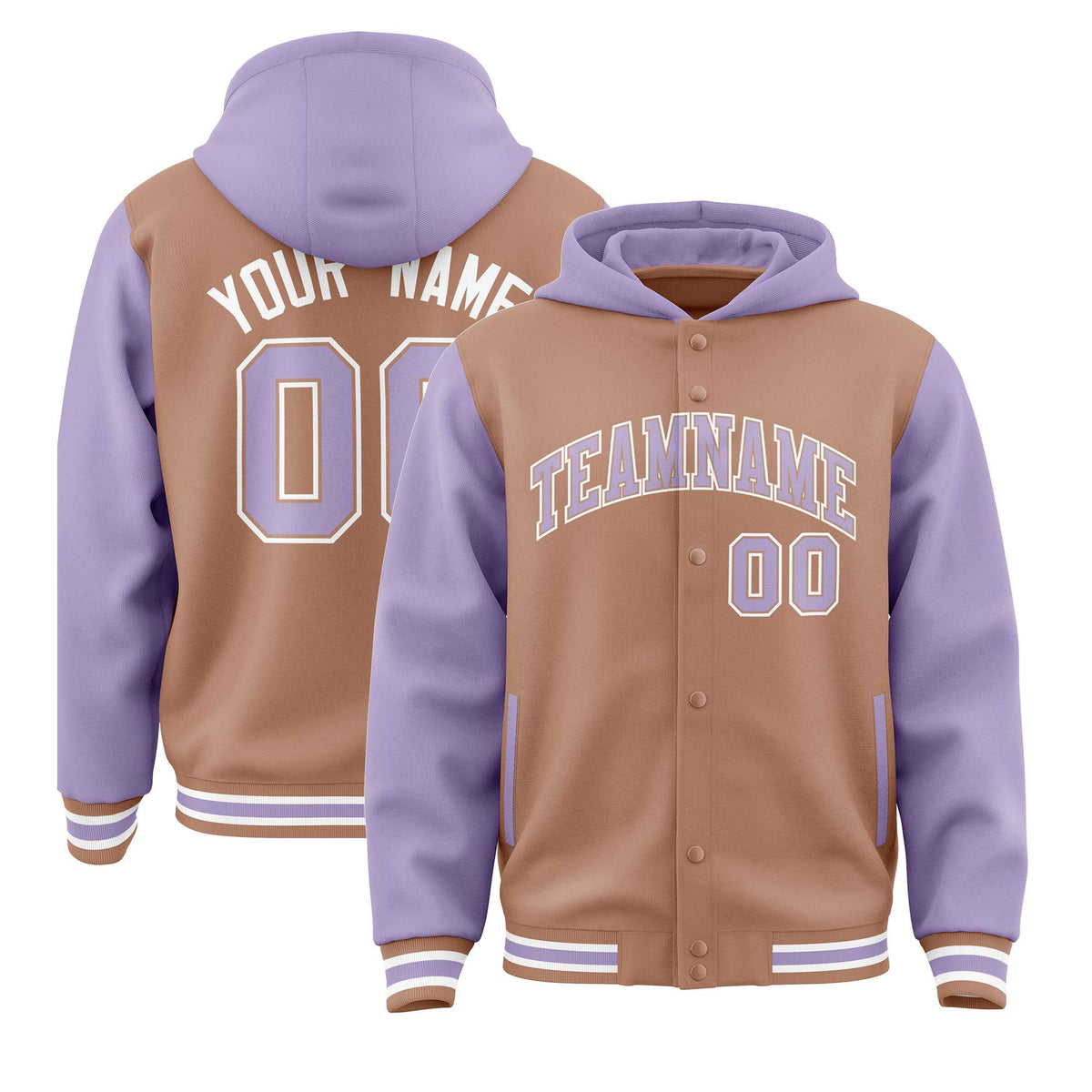 Custom Brown Light Purple Raglan Sleeves Varsity Full-Snap Letterman Two Tone Hoodie Jacket