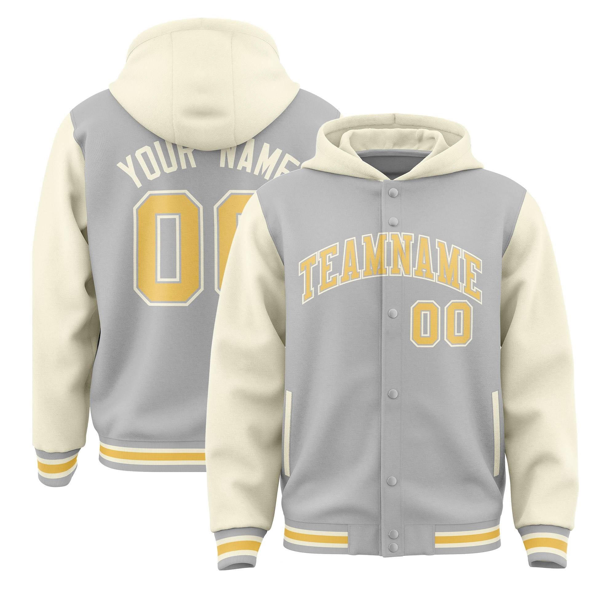 Custom Gray Cream Raglan Sleeves Varsity Full-Snap Letterman Two Tone Hoodie Jacket