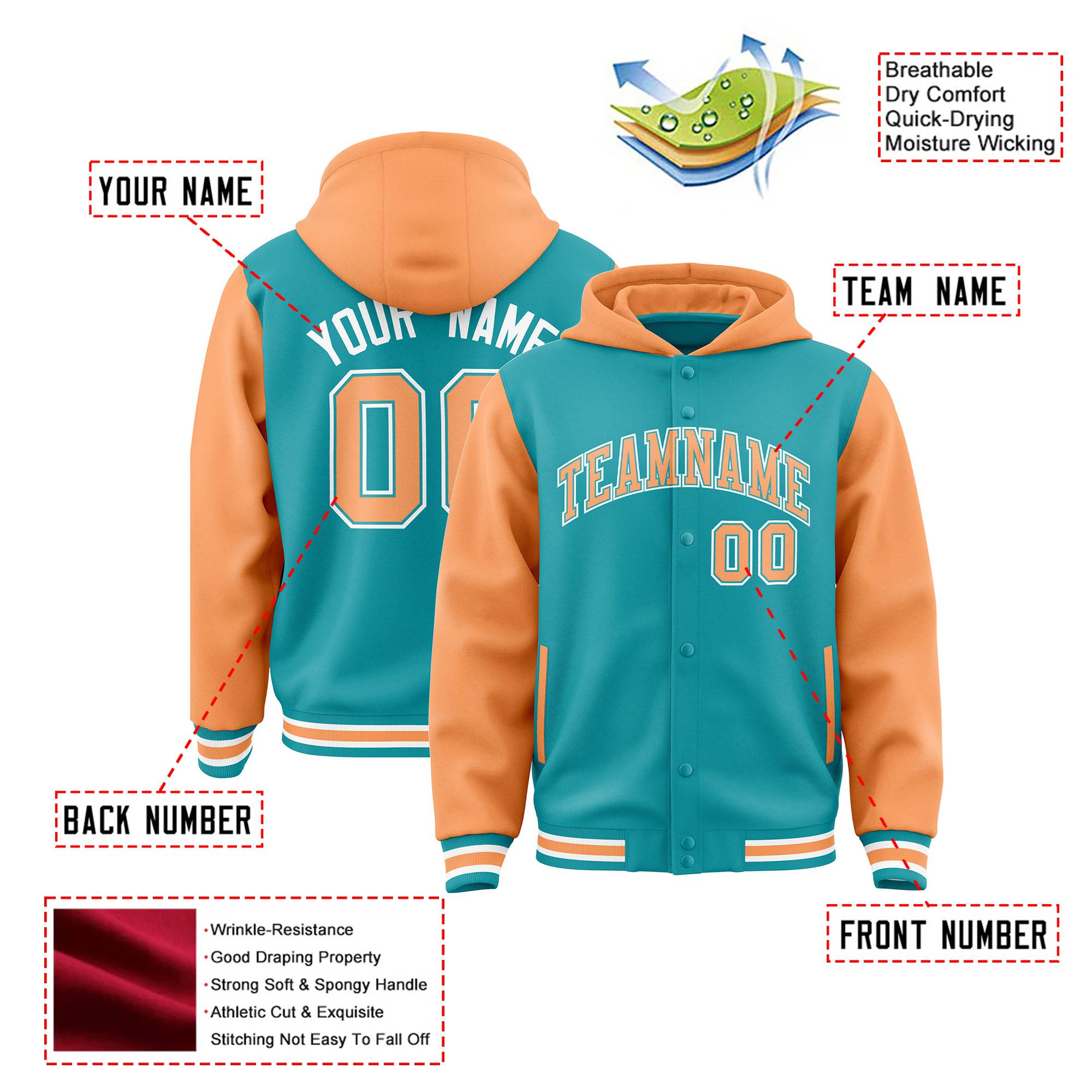 Custom Aqua Orange Raglan Sleeves Varsity Full-Snap Letterman Two Tone Hoodie Jacket