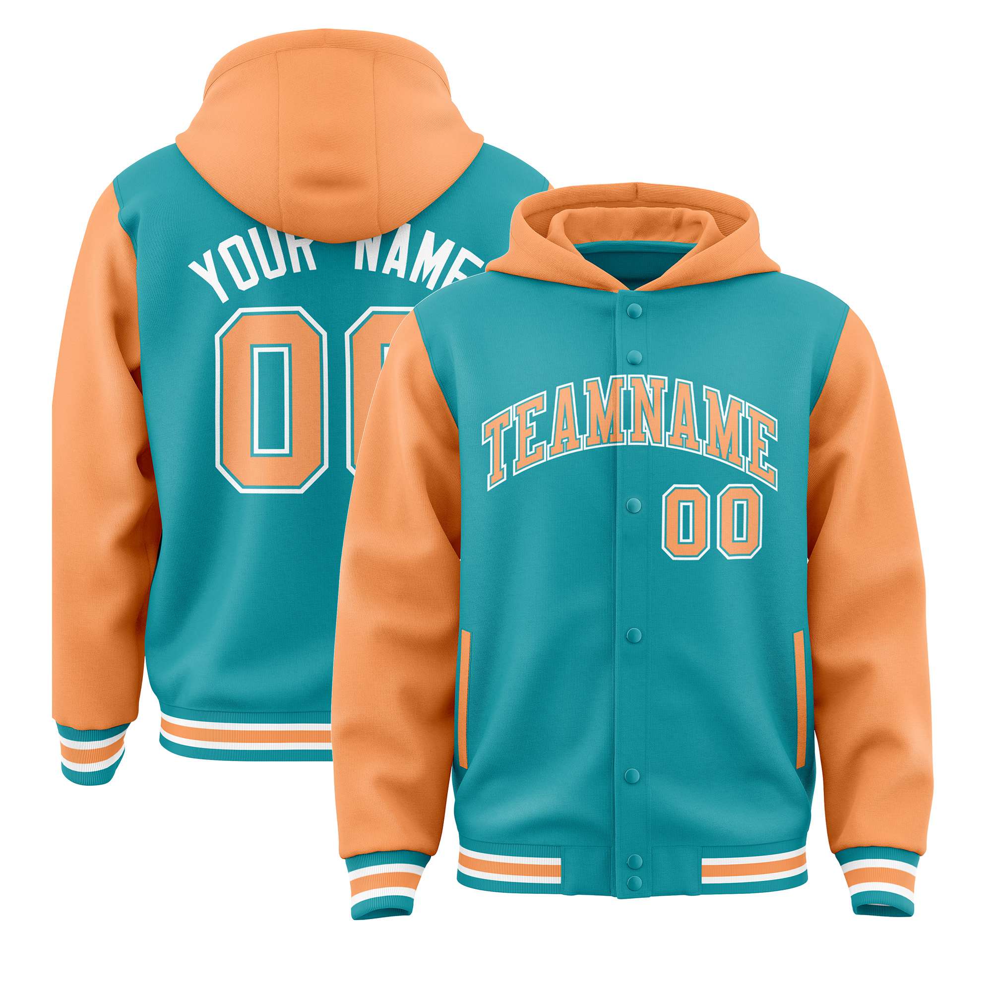 Custom Aqua Orange Raglan Sleeves Varsity Full-Snap Letterman Two Tone Hoodie Jacket