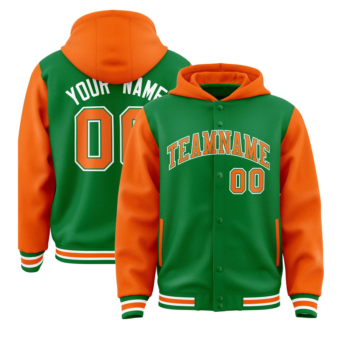 Custom Kelly Green Orange Raglan Sleeves Varsity Full-Snap Letterman Two Tone Hoodie Jacket