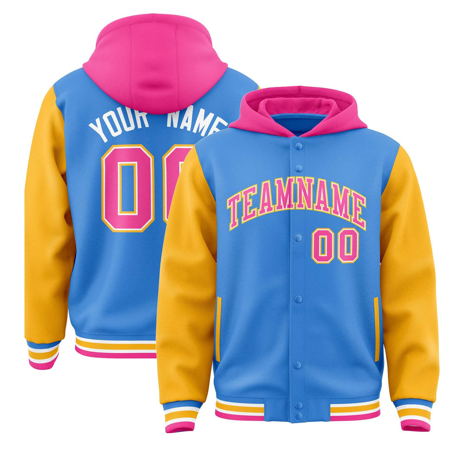 Custom Powder Blue Gold Raglan Sleeves Varsity Full-Snap Letterman Two Tone Hoodie Jacket