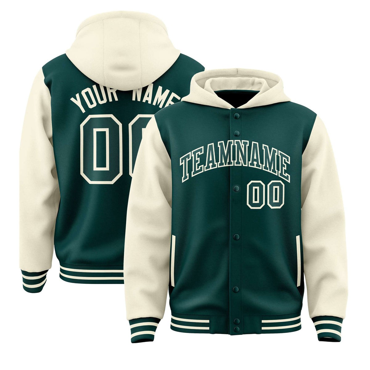 Custom Midnight Green Cream Raglan Sleeves Varsity Full-Snap Letterman Two Tone Hoodie Jacket