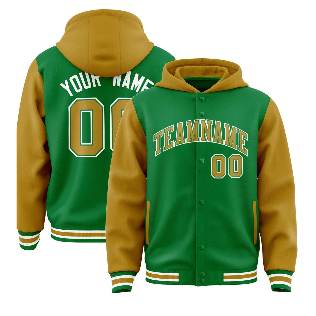 Custom Kelly Green Gold Raglan Sleeves Varsity Full-Snap Letterman Two Tone Hoodie Jacket