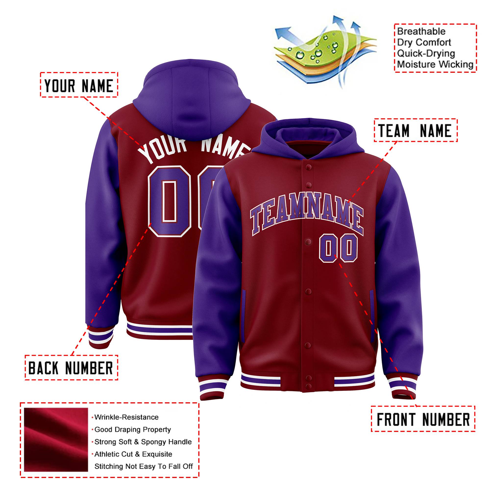 Custom Crimson Purple Raglan Sleeves Varsity Full-Snap Letterman Two Tone Hoodie Jacket