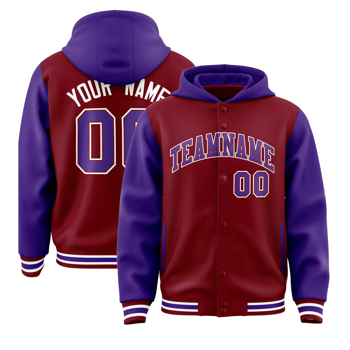 Custom Crimson Purple Raglan Sleeves Varsity Full-Snap Letterman Two Tone Hoodie Jacket