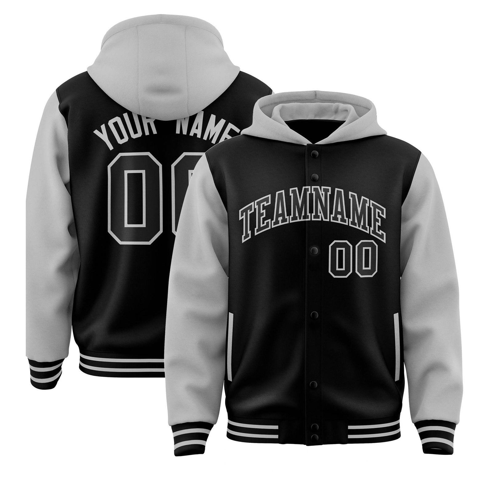 Custom Black Gray Raglan Sleeves Varsity Full-Snap Letterman Two Tone Hoodie Jacket