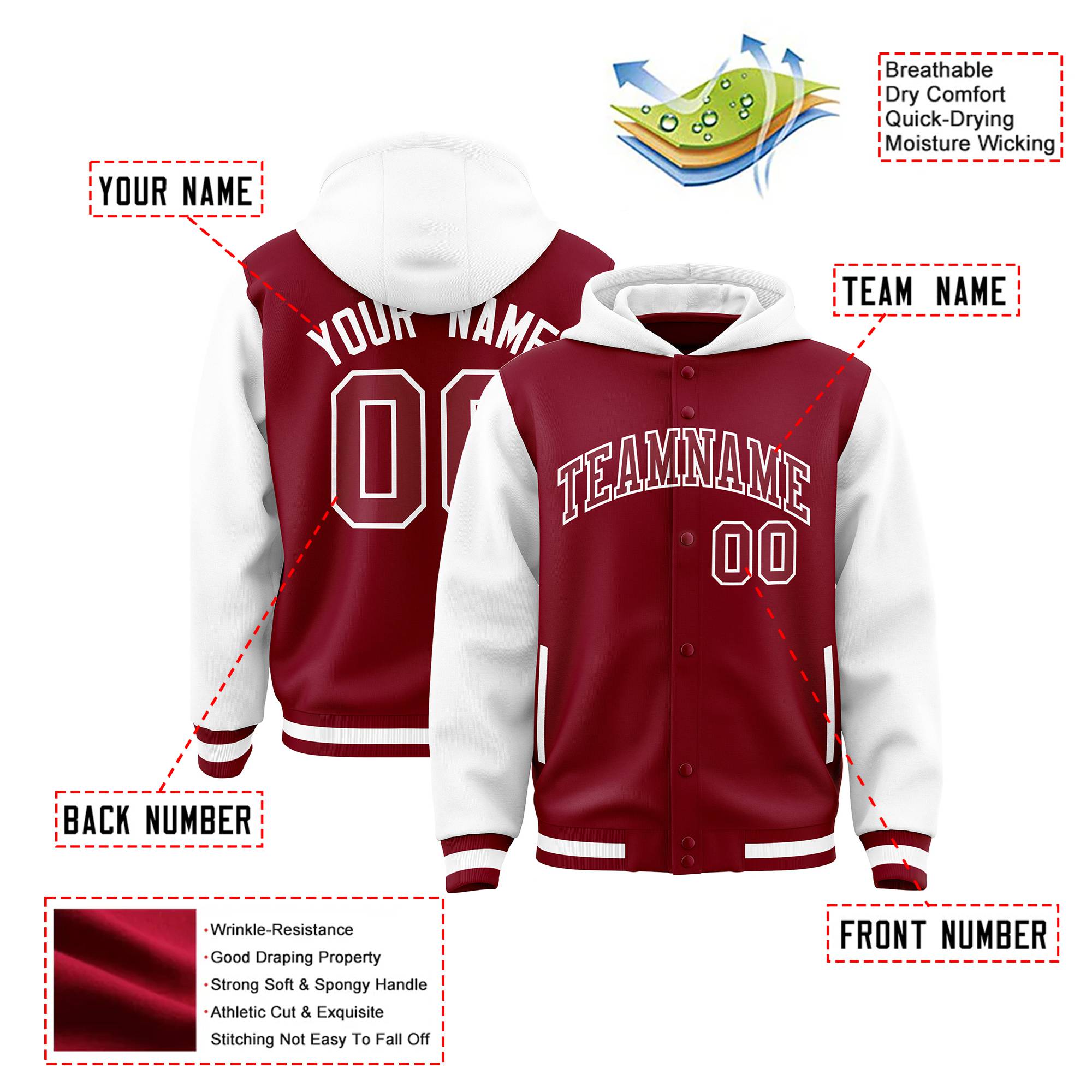 Custom Crimson White Raglan Sleeves Varsity Full-Snap Letterman Two Tone Hoodie Jacket