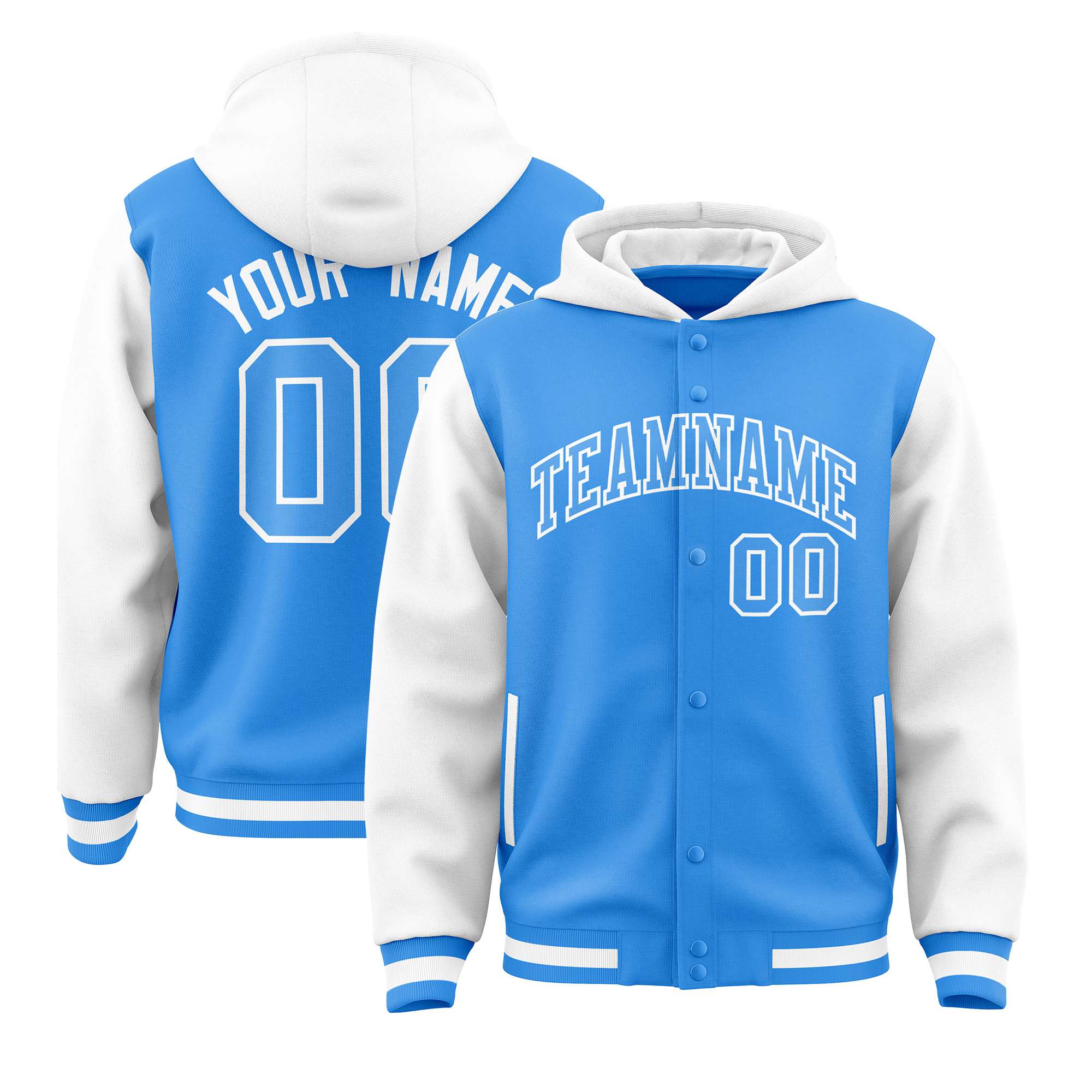 Custom Powder Blue White Raglan Sleeves Varsity Full-Snap Letterman Two Tone Hoodie Jacket