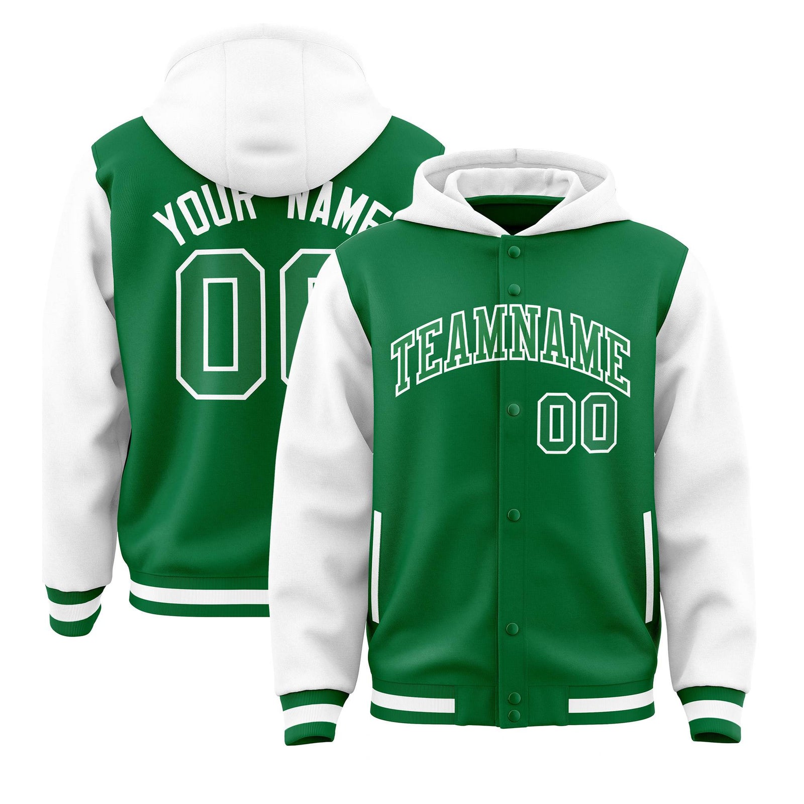 Custom Kelly Green White Raglan Sleeves Varsity Full-Snap Letterman Two Tone Hoodie Jacket